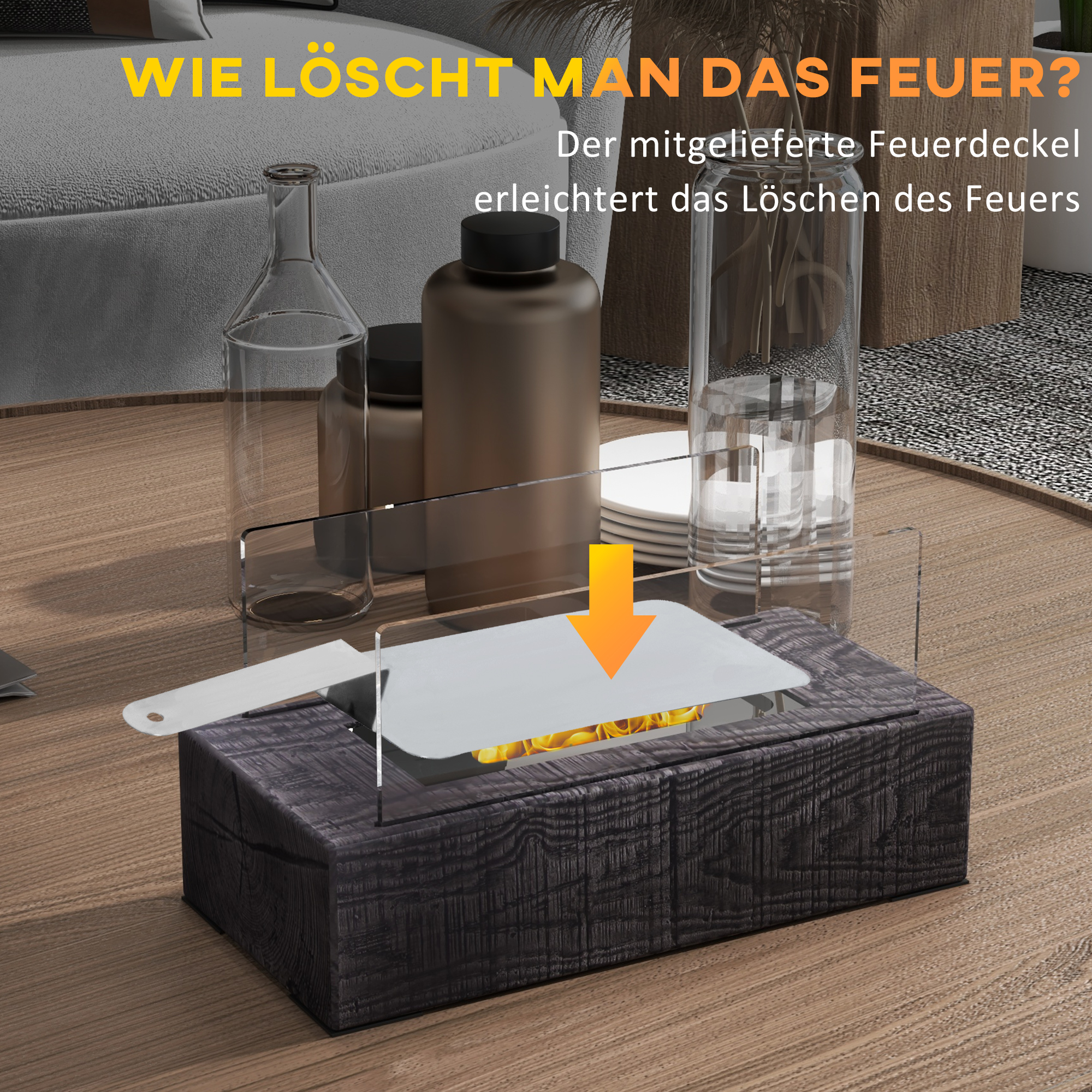 Kamin mit Feuer, Glas und Zubehör. Holztisch, mit Pfeil, der den Feuerbereich zeigt.