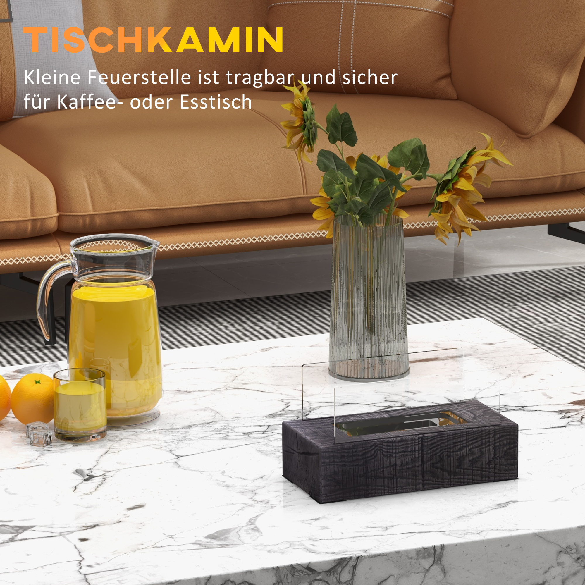 Ein schwarzer Holzkamin auf einem Marmortisch, mit einem Krug und Blumen in der Nähe.