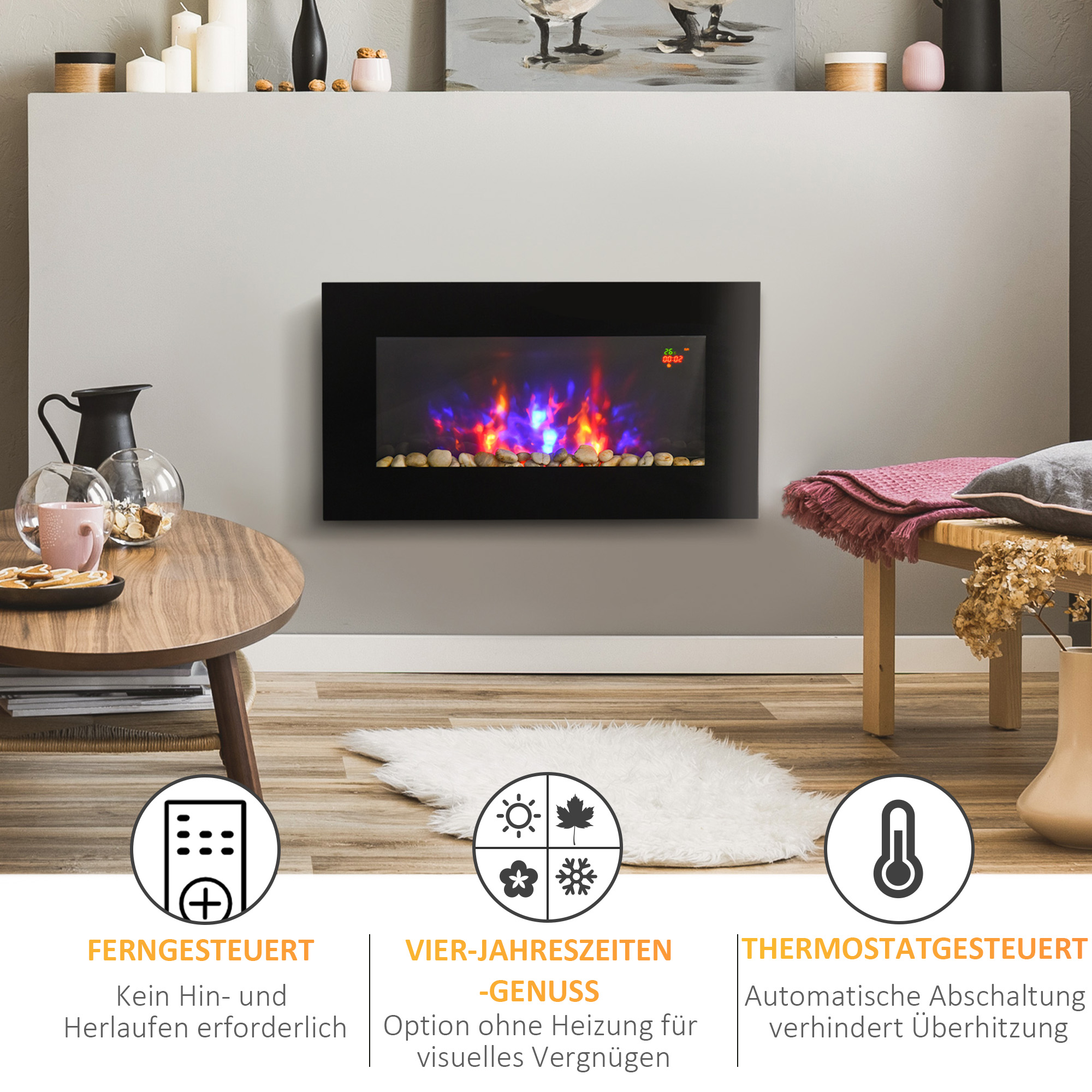 Elektrischer Kamin mit schwarzem Rahmen, vor einer weißen Wand mit dekorativen Elementen.
