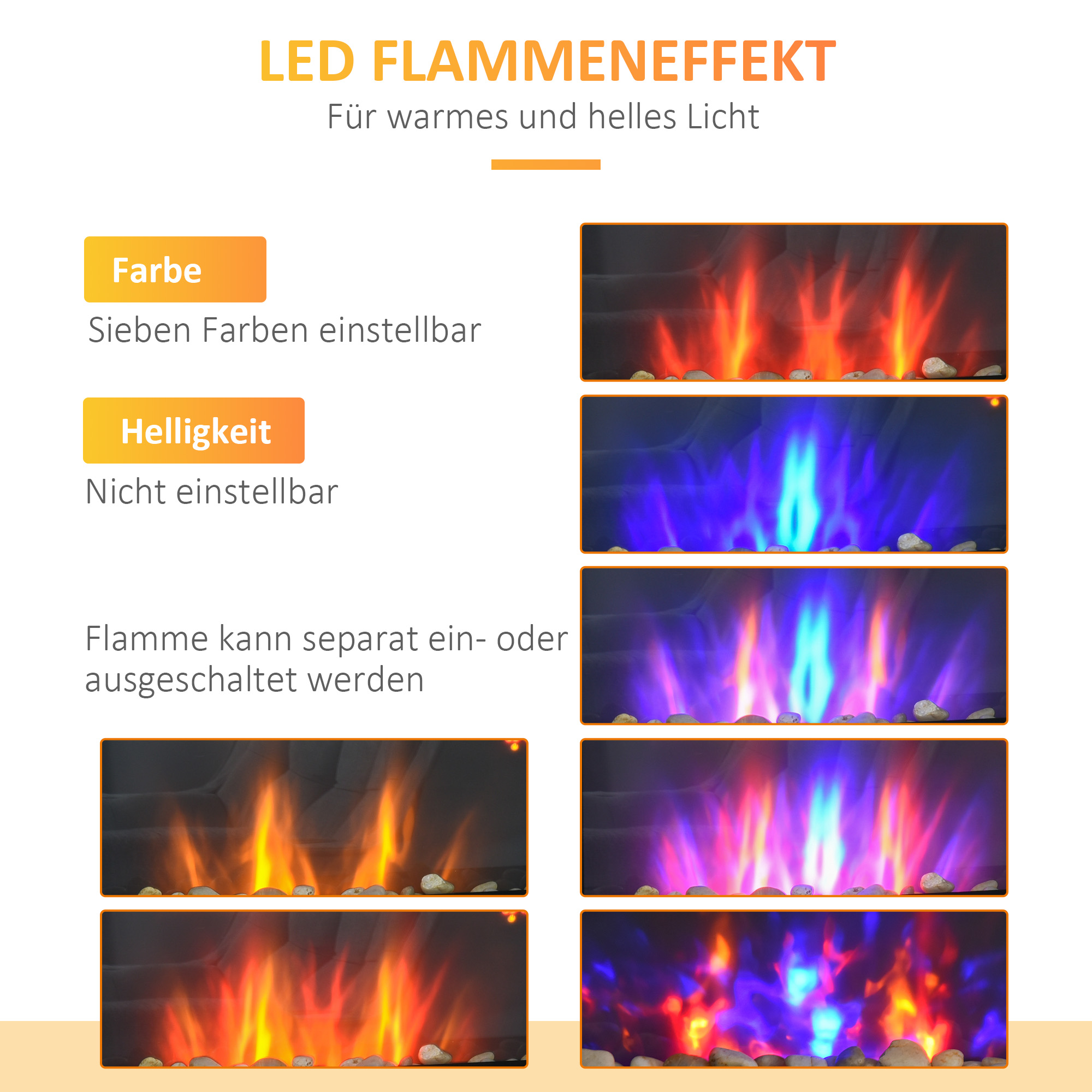 Diagramm eines dekorativen Lichts mit Flammeneffekten. Mehrere Farb- und Helligkeitsoptionen werden angezeigt.