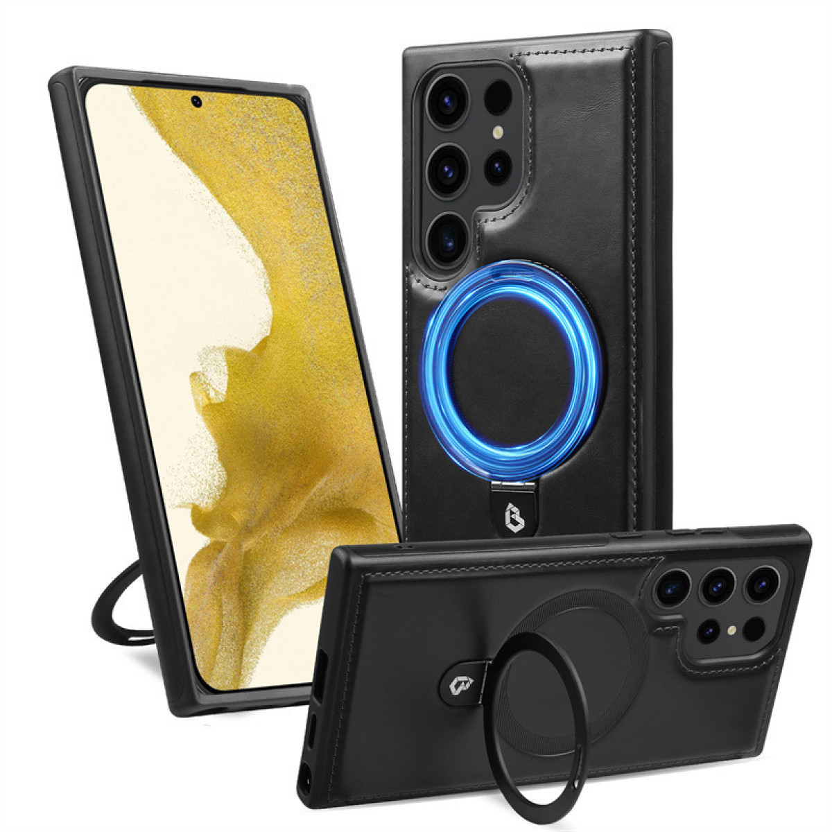 Custodie nere per telefono: una su supporto, una laterale, una con anello.