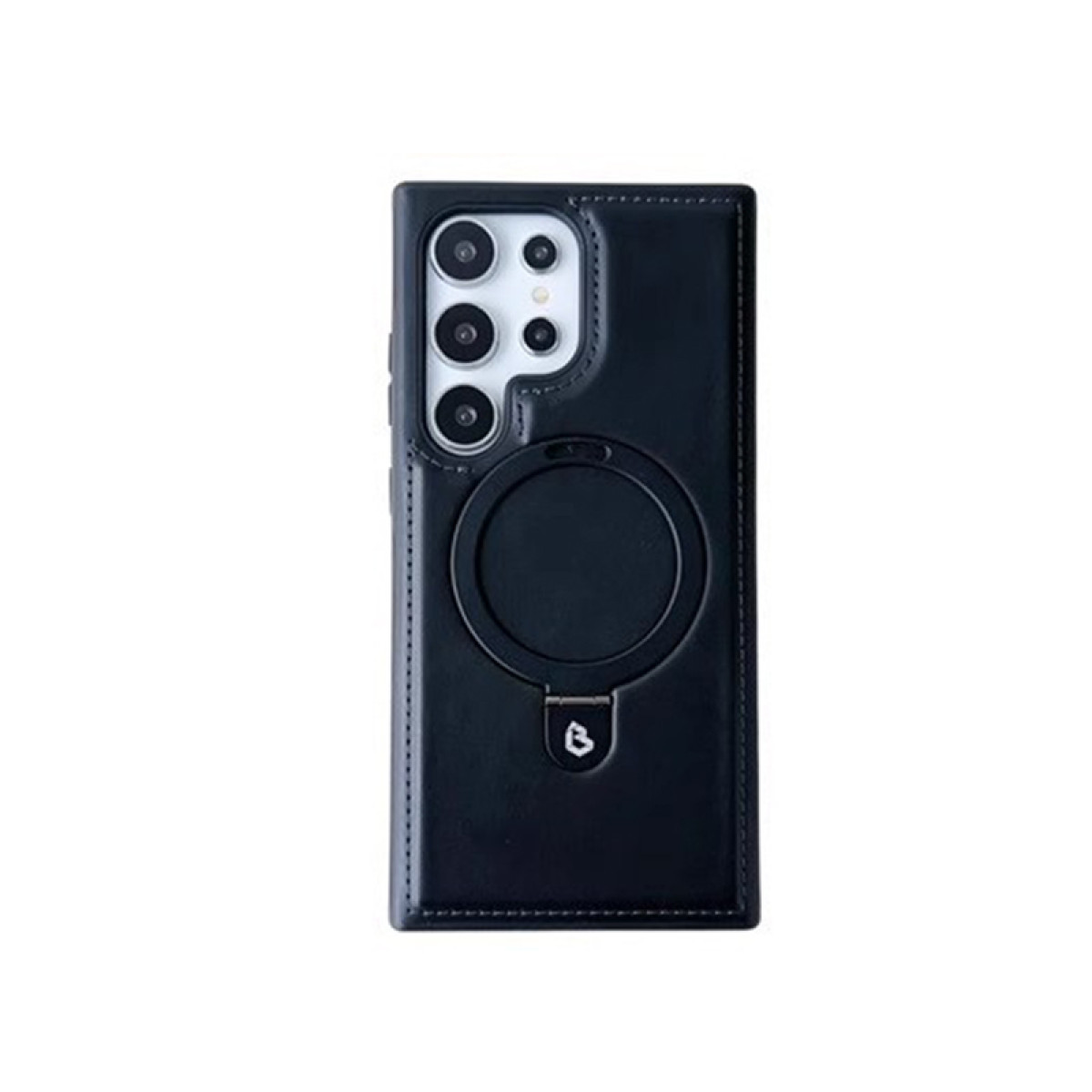 Custodia nera per telefono con ritaglio per fotocamera e anello nero sul retro.