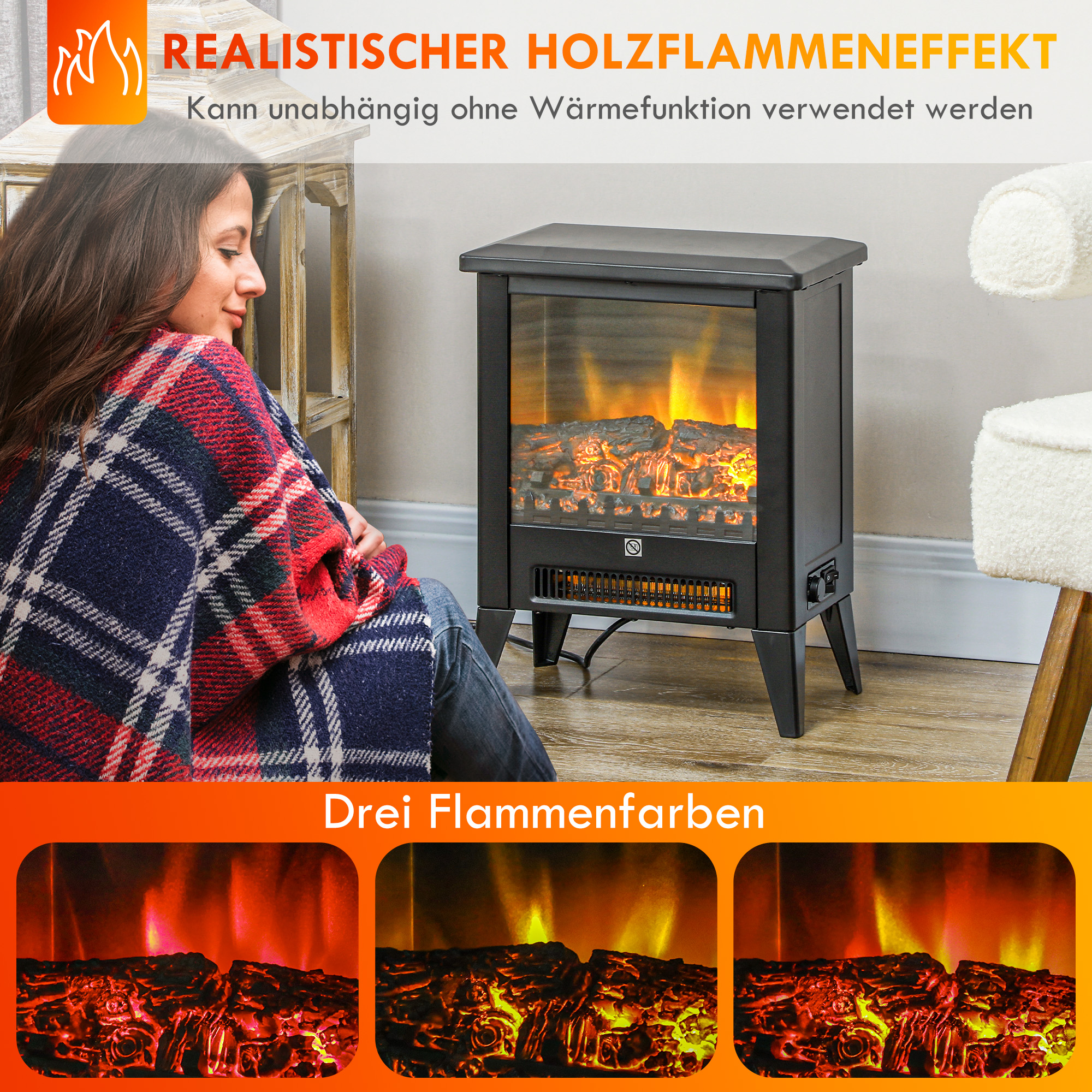 Schwarzer elektrischer Kamin mit Frau und Flammen. Drei Flammenfarboptionen gezeigt.