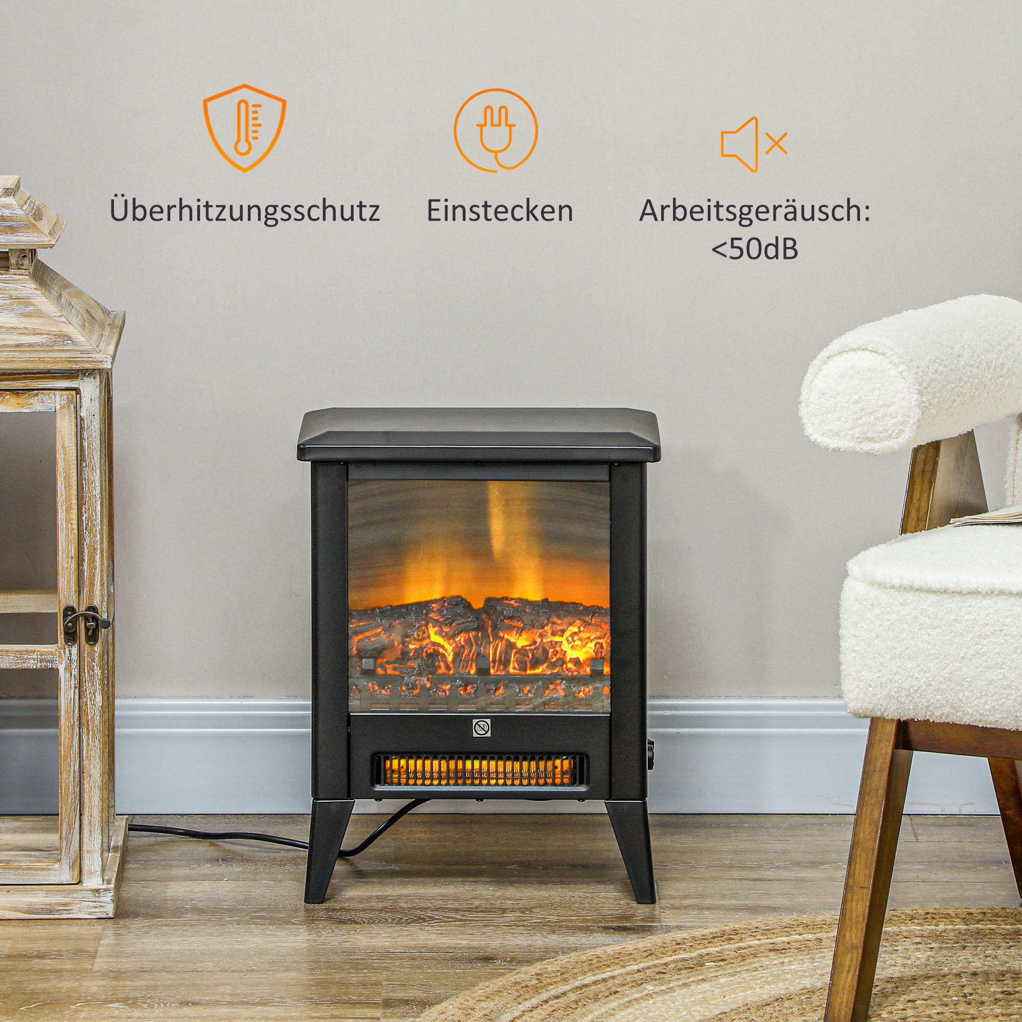 Ein schwarzer elektrischer Kamin mit orangefarbenem Flammeneffekt. Text weist auf Überhitzungsschutz und geringe Geräusche hin.