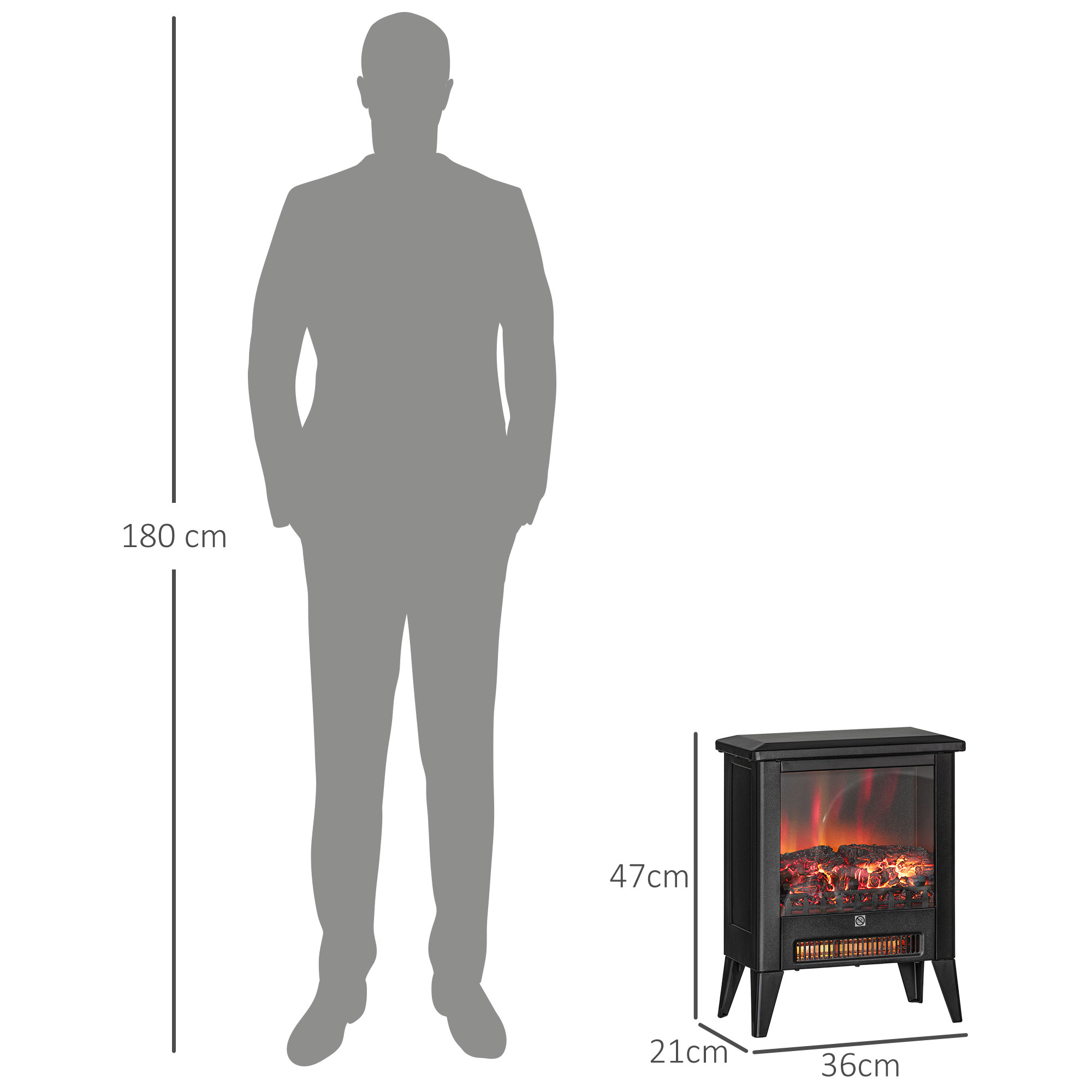Silhouette einer Person und eines Kamins mit Abmessungen in Zentimetern.