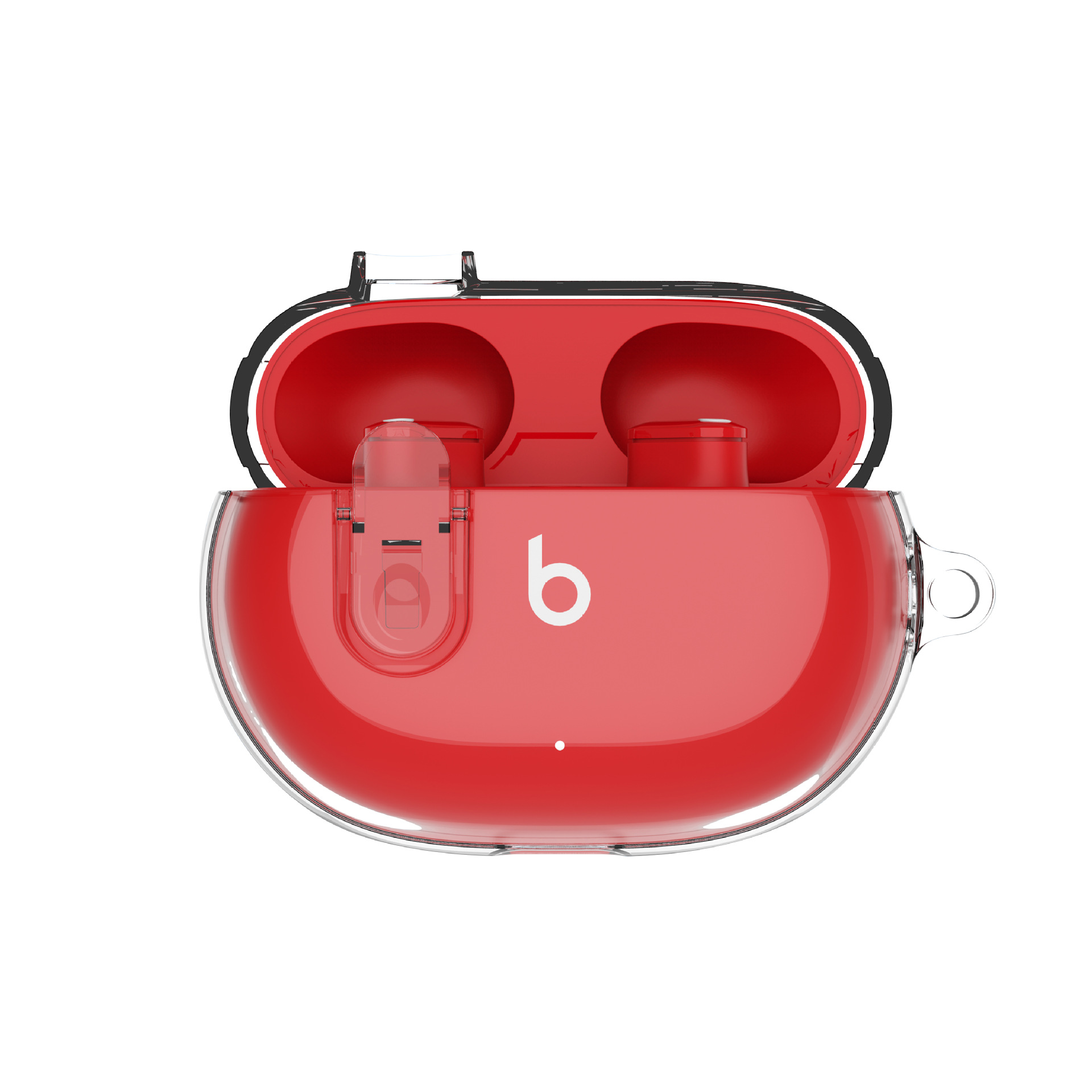 Custodia rossa per auricolari con coperchio trasparente, aperta.