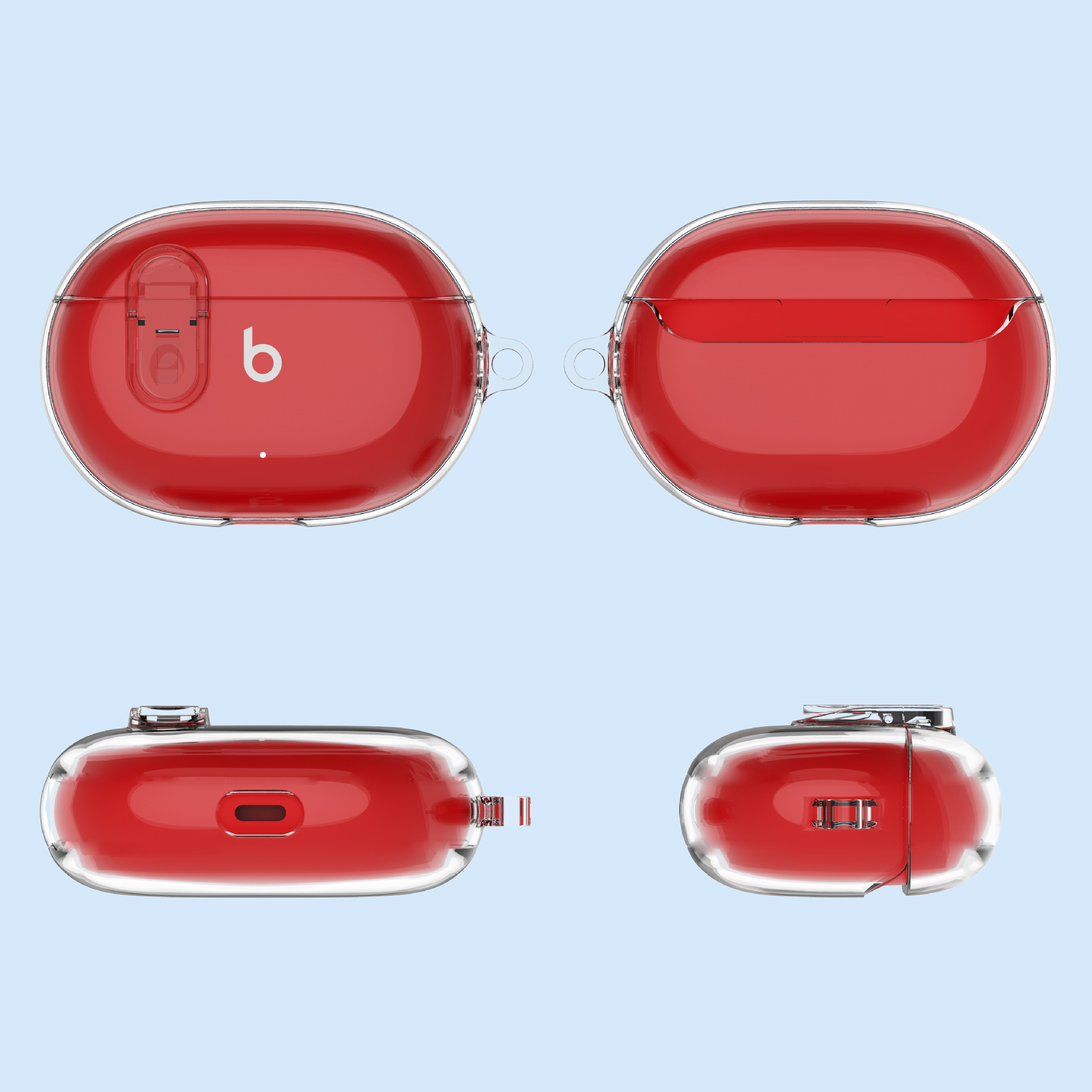 Quattro viste di una custodia rossa e trasparente. La custodia è per auricolari. Lo sfondo è azzurro.