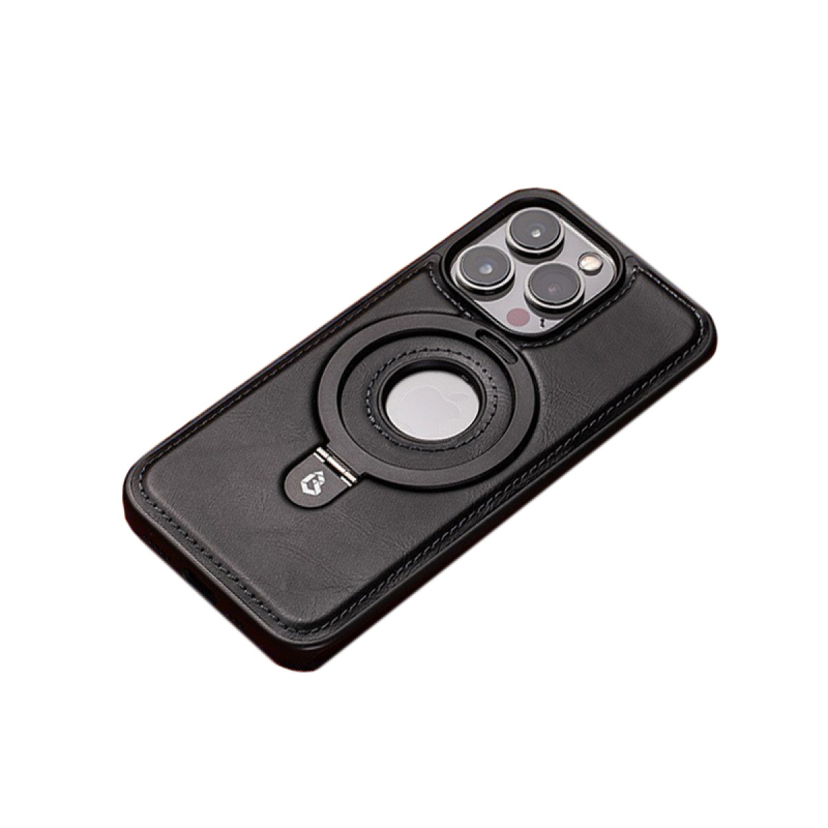 Una custodia per telefono nera con anello e tre obiettivi della fotocamera su sfondo bianco.