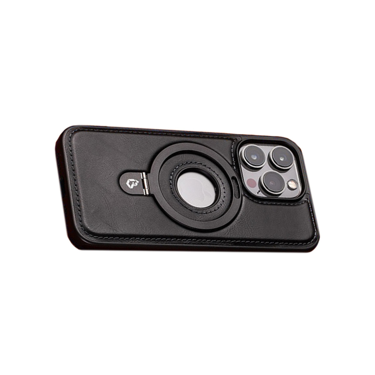 Custodia nera per telefono con modulo fotocamera e attacco magnetico circolare, sfondo bianco.
