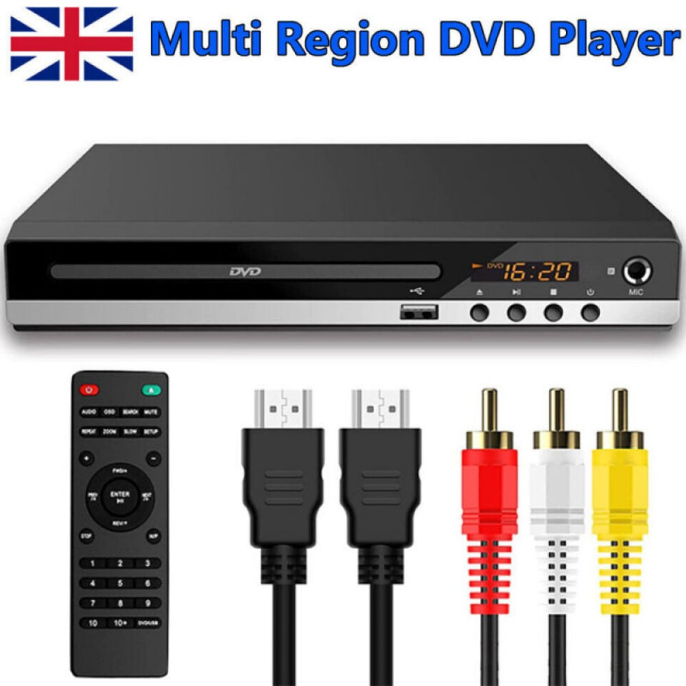 Schwarzer DVD-Player mit Fernbedienung und Kabeln. Eine britische Flagge in der Ecke.