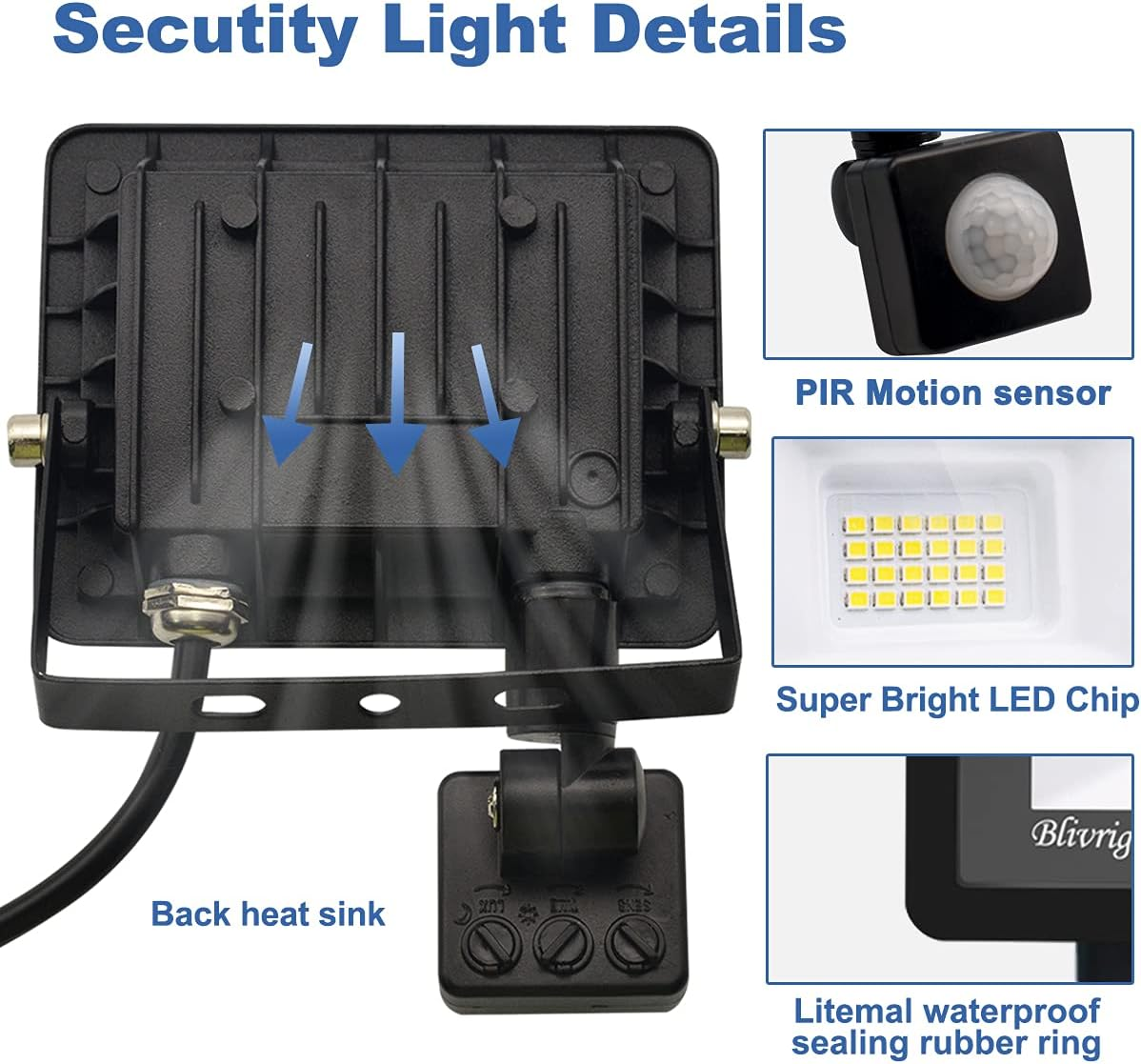 Schwarzer Sicherheitsscheinwerfer mit Bewegungssensor, LED-Chip und wasserdichtem Dichtungsring.