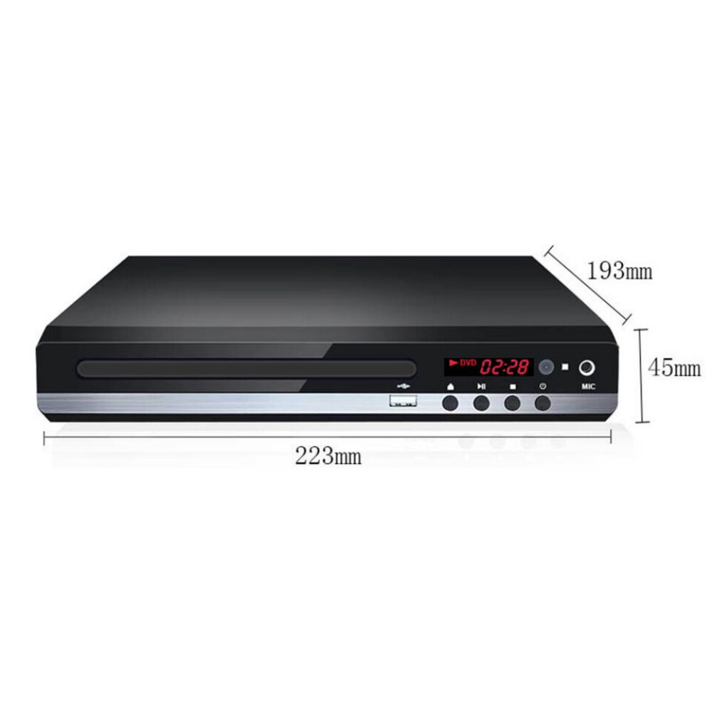 Ein schwarzer DVD-Player mit Abmessungen und Maßen auf weißem Hintergrund. Anzeige 02:28.