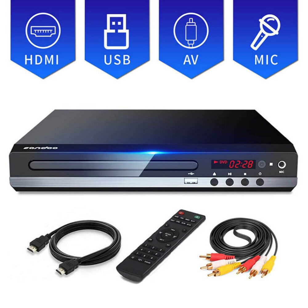 DVD-Player mit mehreren Anschlussports. HDMI, USB, AV und MIC sind beschriftet.