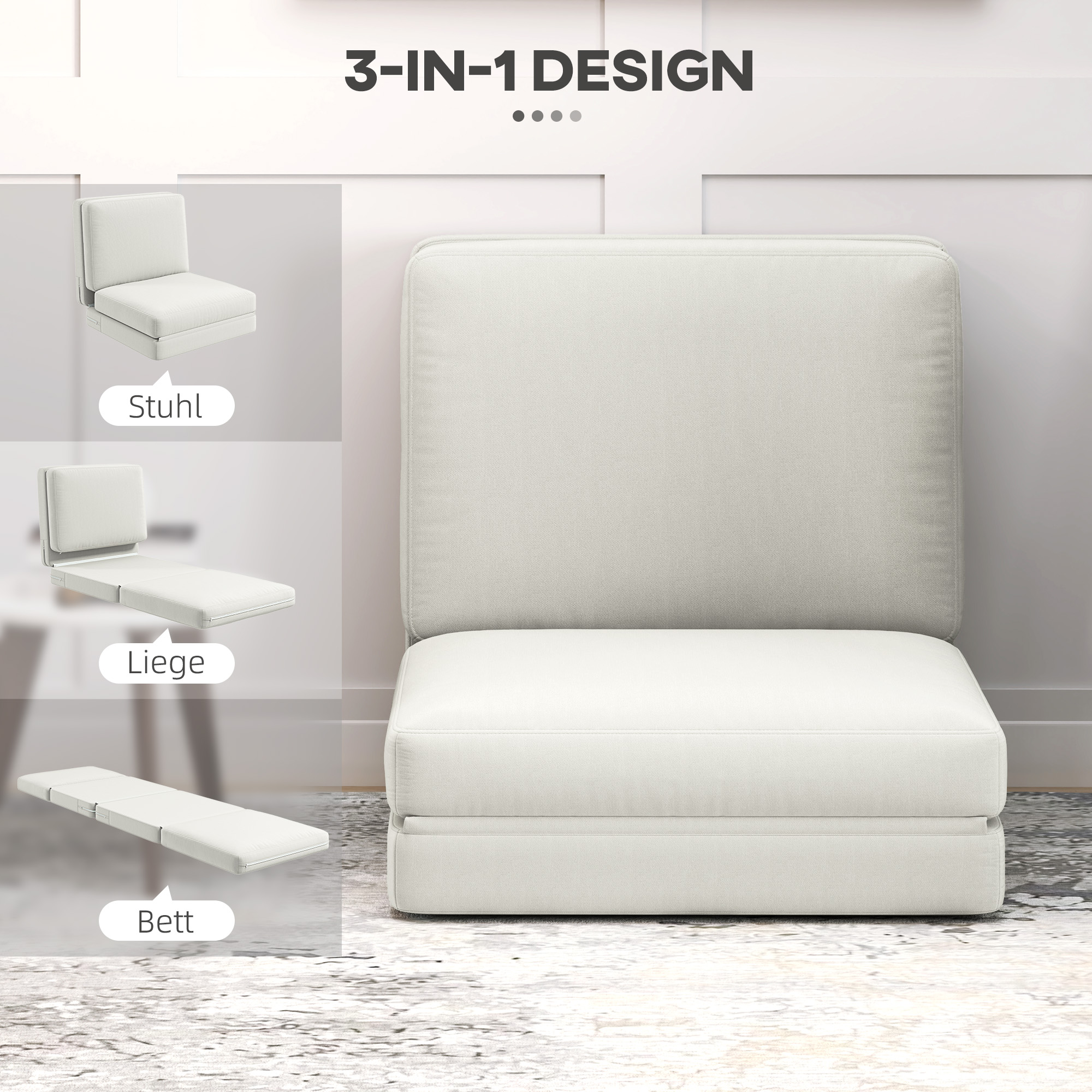 Ein Drei-in-Eins-Design, das einen Stuhl, eine Liege und ein Bett zeigt, alles in Weiß.
