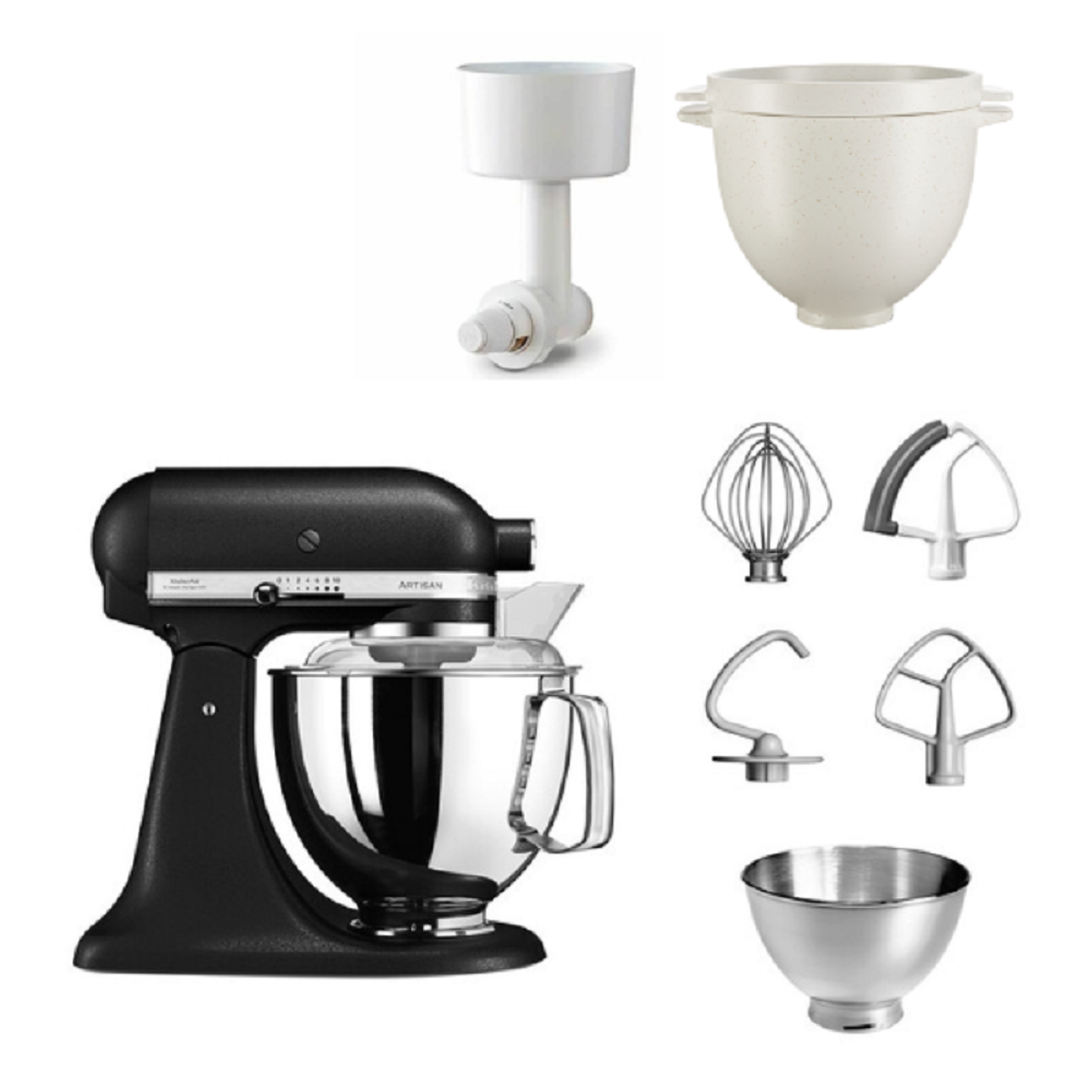 Schwarzer KitchenAid-Mixer mit mehreren Aufsätzen. Verschiedene Mixerkombinationen sind um den Mixer angeordnet.