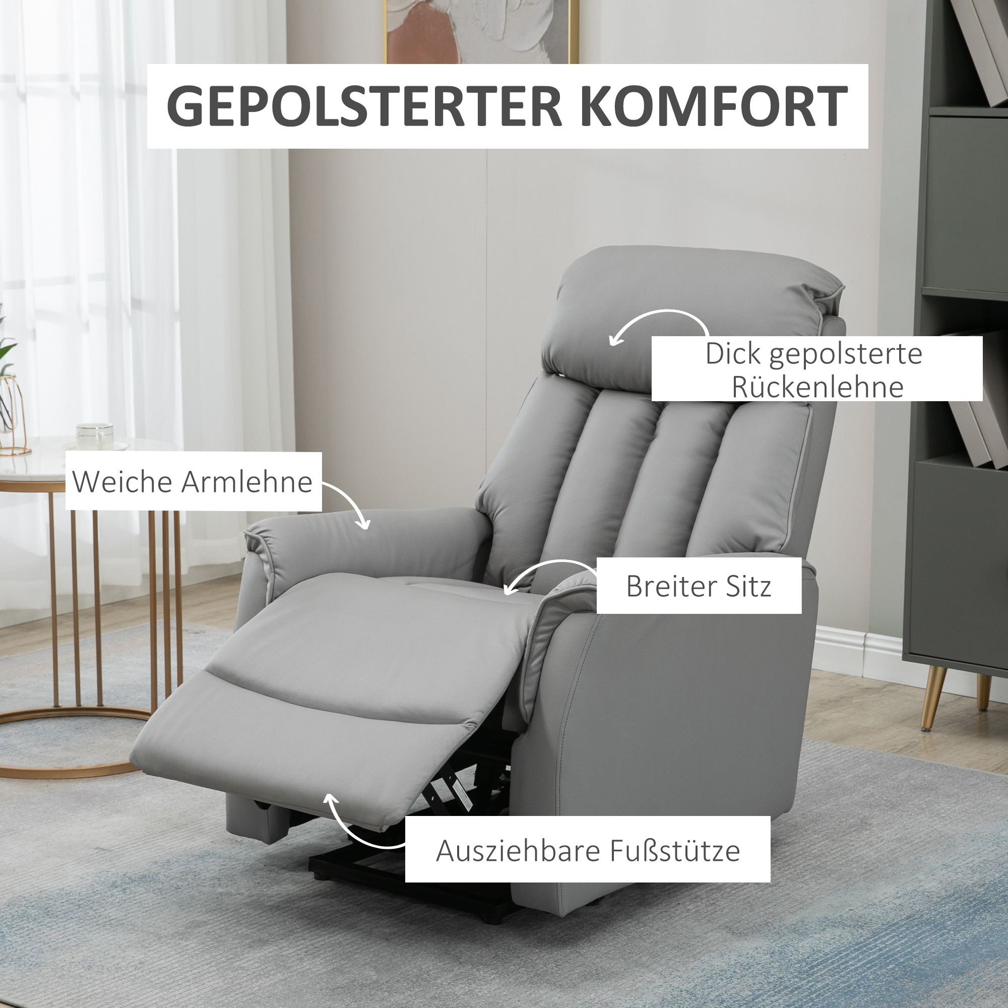 Ein grauer Relaxsessel mit Etiketten. Etiketten zeigen Armlehnen, Sitz und Fußstütze, mit einem Teppich.