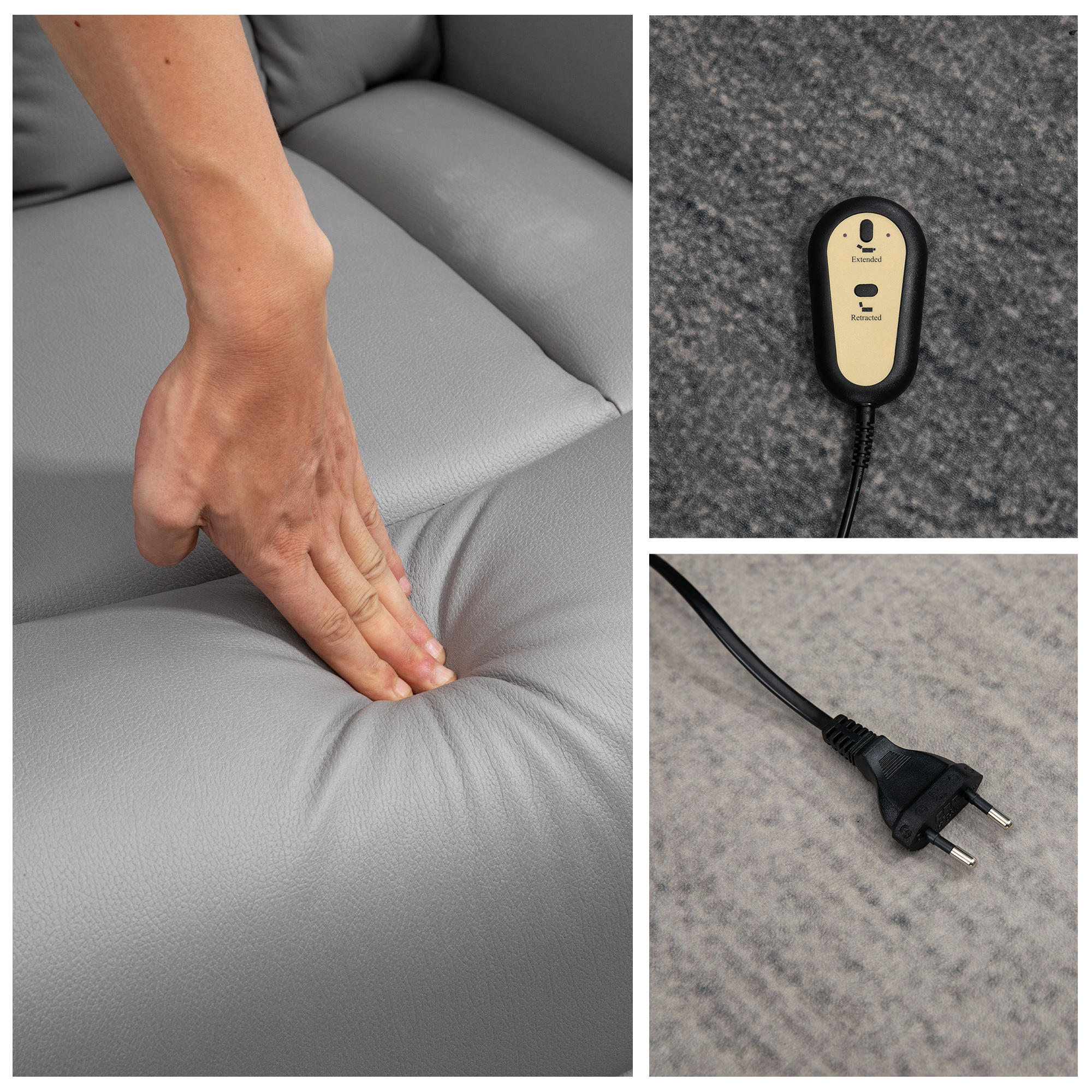 Graues Ledersofa. Eine Hand drückt in das Sofa. Eine Fernbedienung und ein Stecker werden gezeigt.