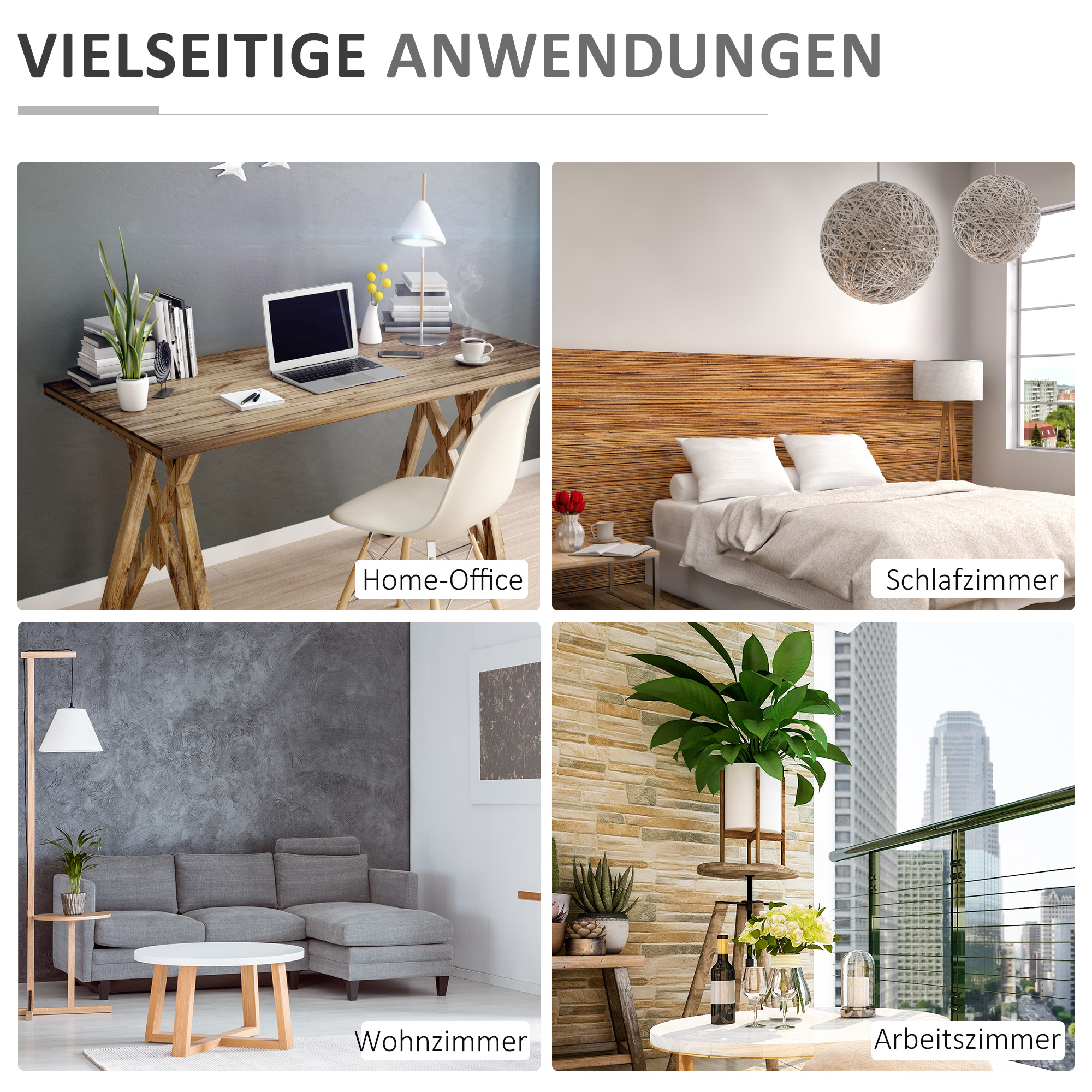 Collage von Homeoffice-, Schlafzimmer-, Wohnzimmer- und Balkonszenen mit verschiedenen Möbeln.