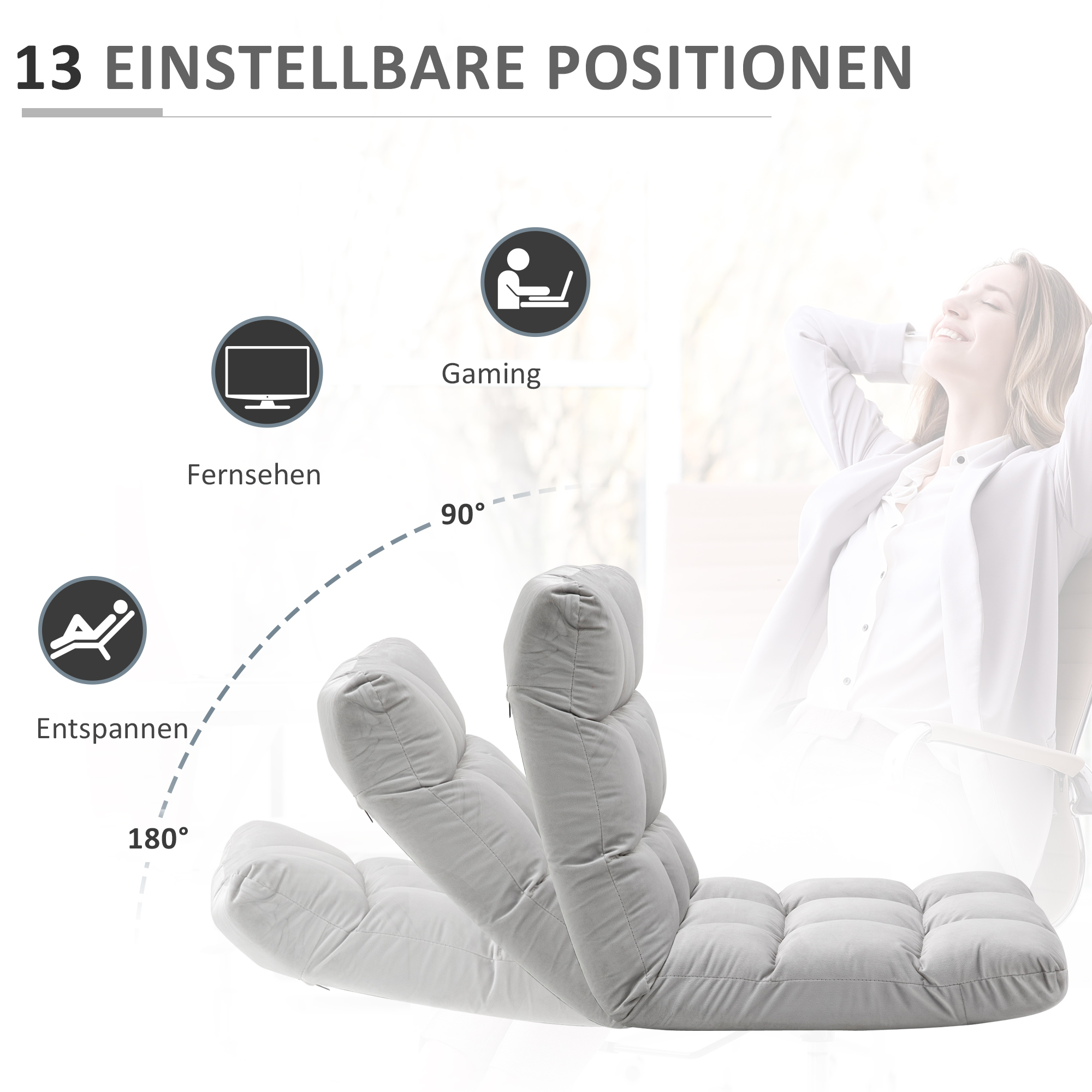 Grauer Bodenstuhl in verschiedenen Positionen. Frau entspannt sich im Hintergrund, mit Text über Positionen.