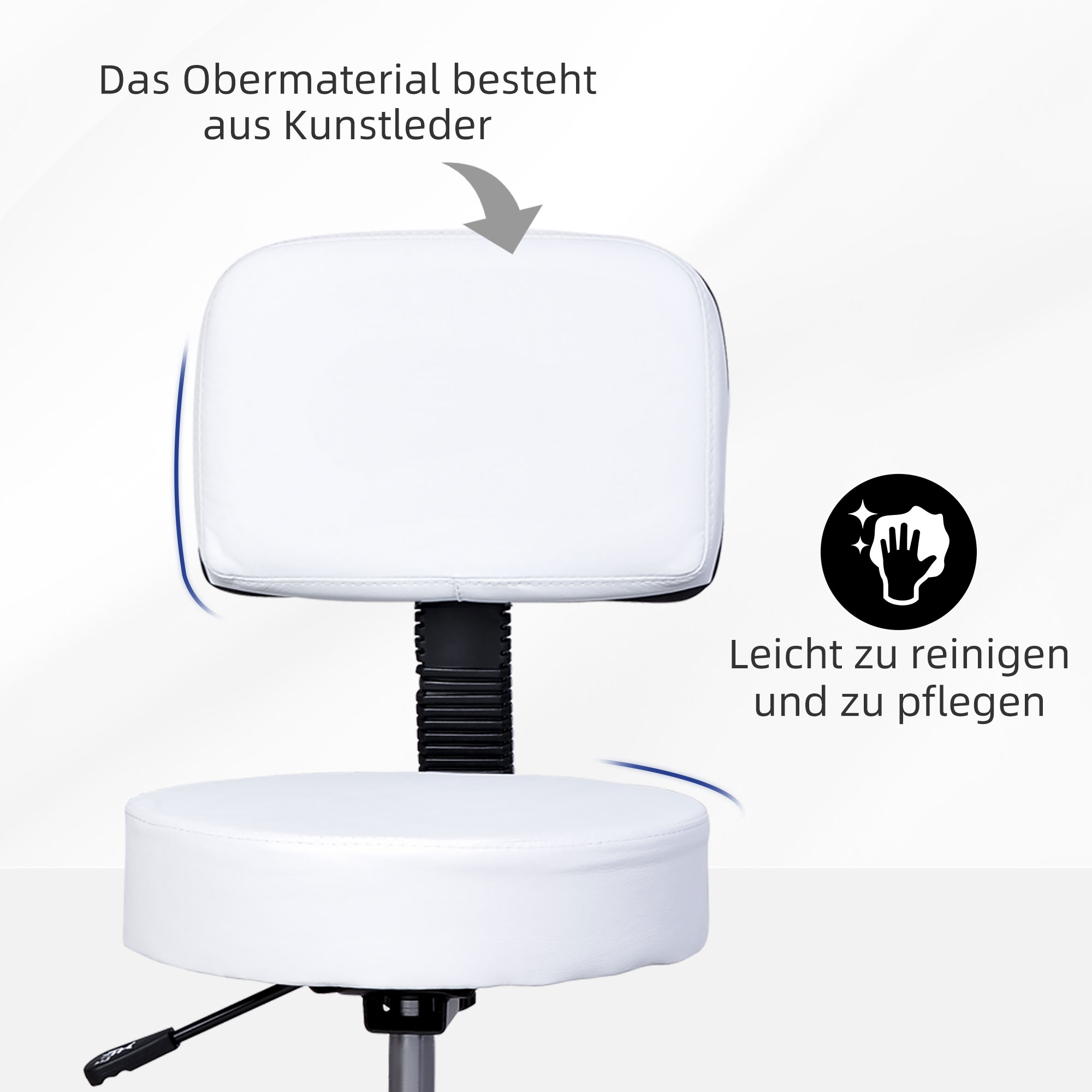 Weißer Bürostuhl aus Leder mit weißem Sitz und Rückenlehne, schwarzem Untergestell.