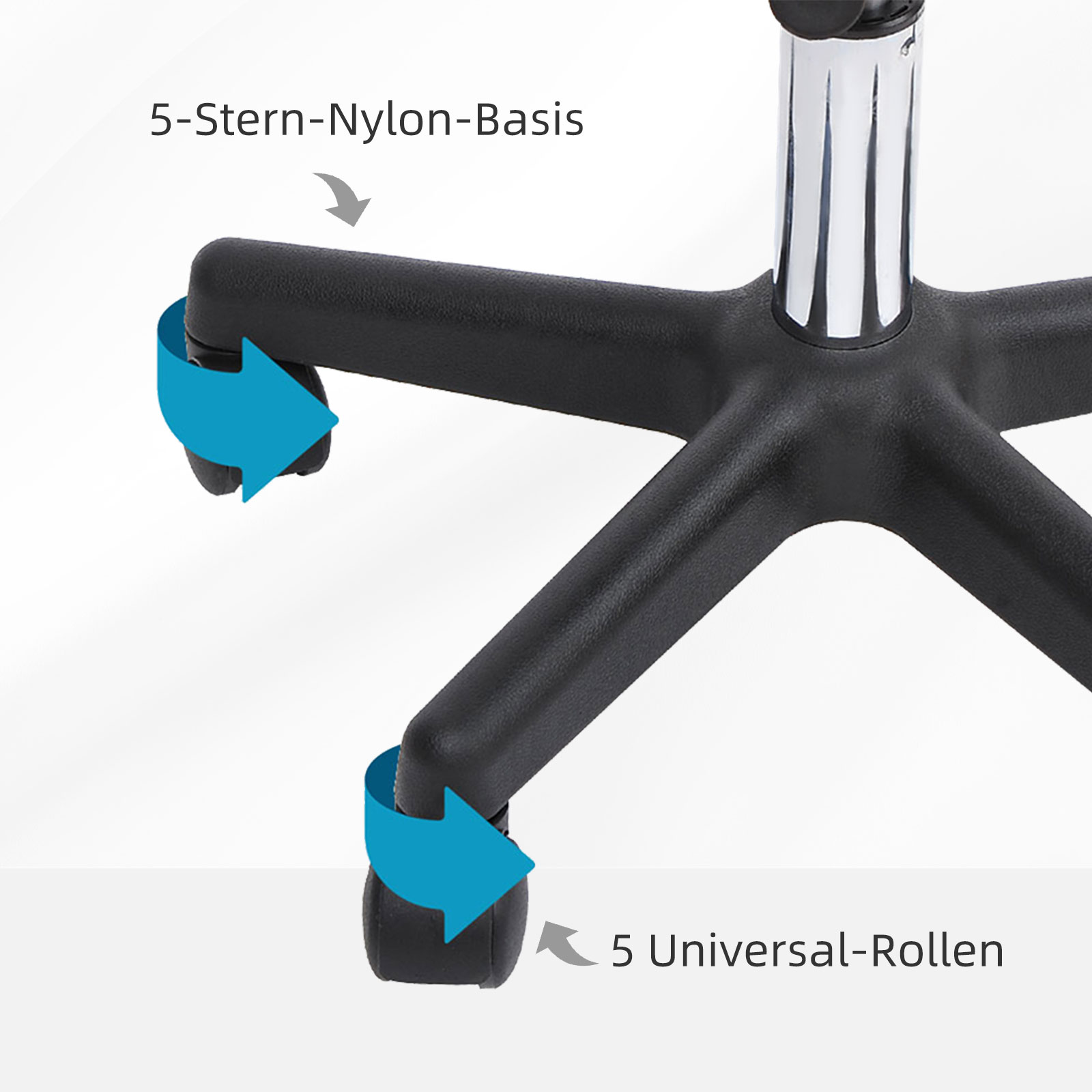 Nahaufnahme des schwarzen Stuhlfußes. 5-Sterne-Nylonbasis mit Rädern.