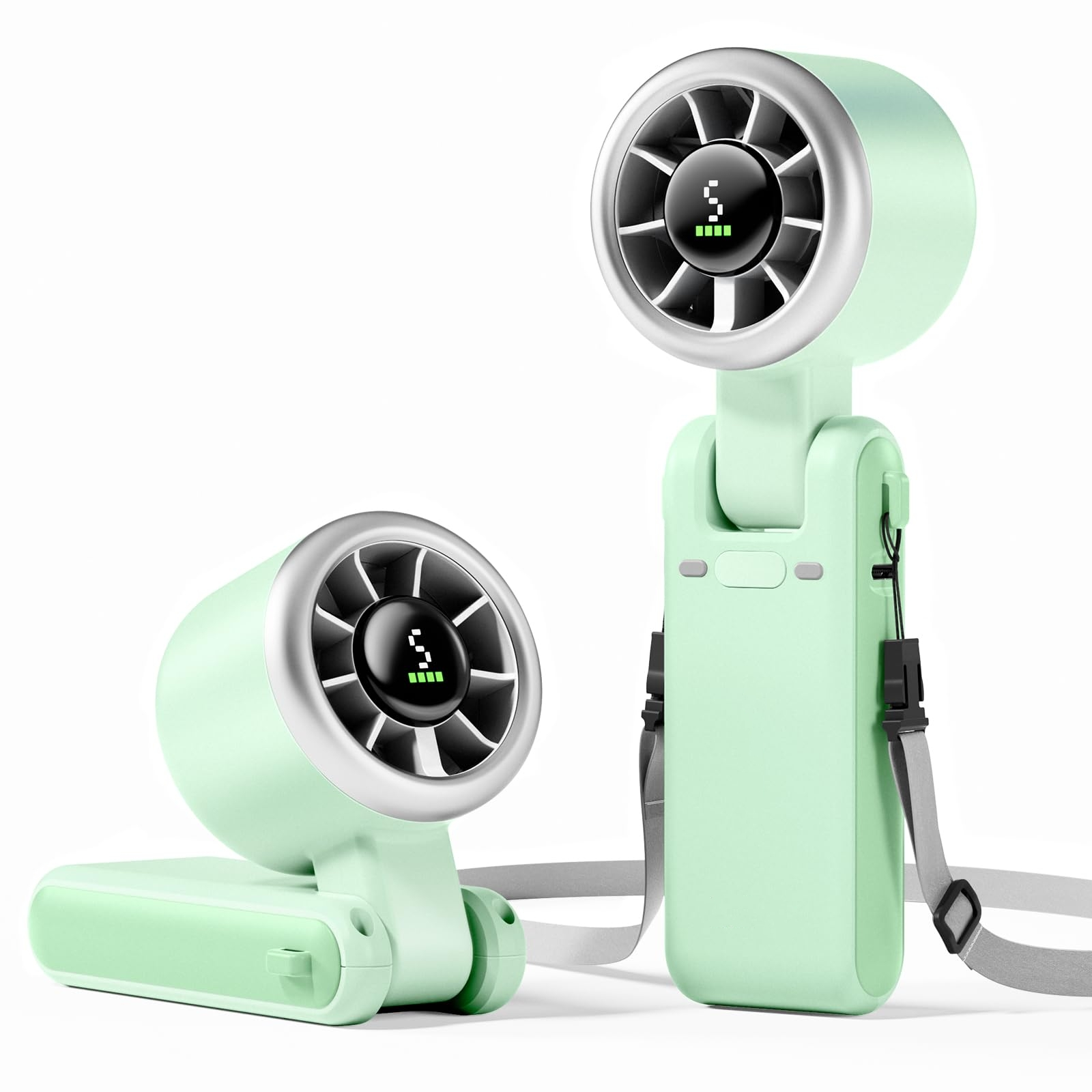 Zwei mintgrüne tragbare Ventilatoren. Einer gefaltet, der andere offen, beide mit silbernen Akzenten und kleinen Bildschirmen.