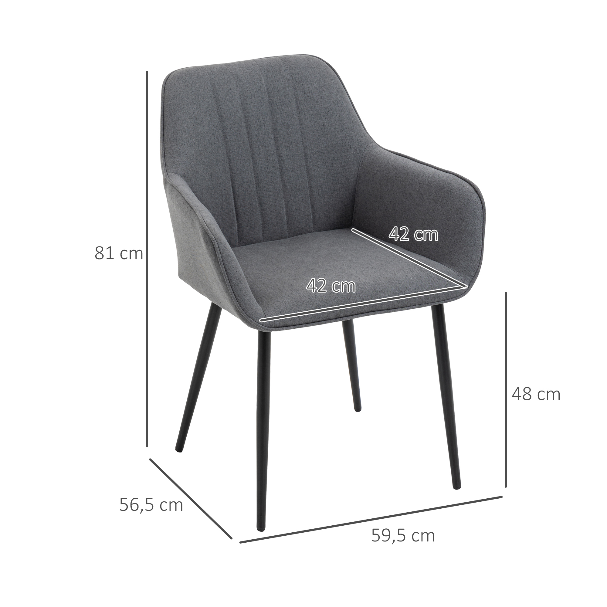 Una silla gris con dimensiones. La silla tiene asiento y respaldo grises y patas negras.