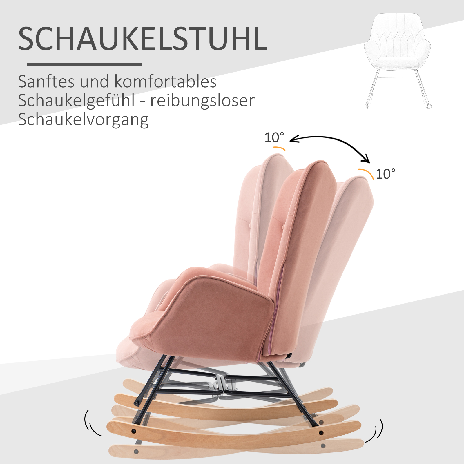 Rosa Schaukelstuhl mit Holzschaukeln, in Bewegung, auf weißem Hintergrund, Text auf Deutsch.