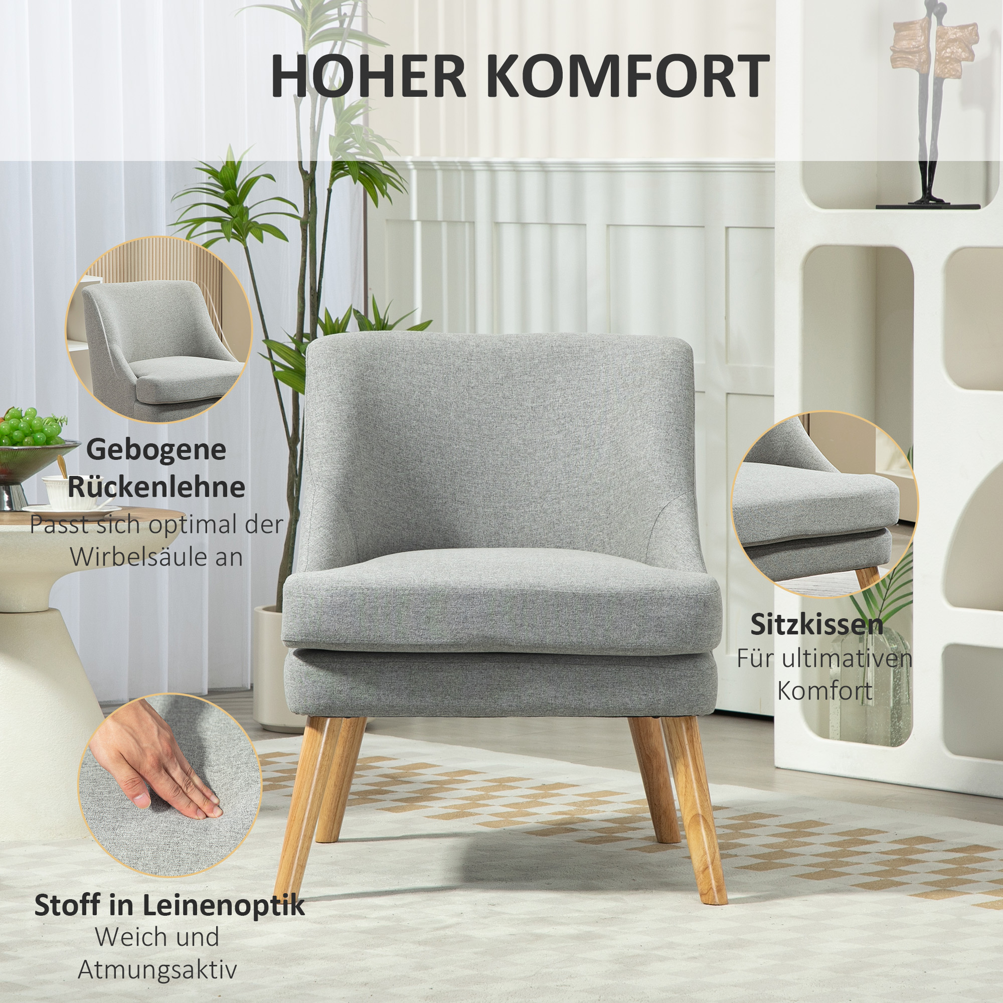 Ein grauer Stuhl mit Holzbeinen. Nahaufnahmen zeigen die Rückenlehne, den Sitz und den leinenartigen Stoff.