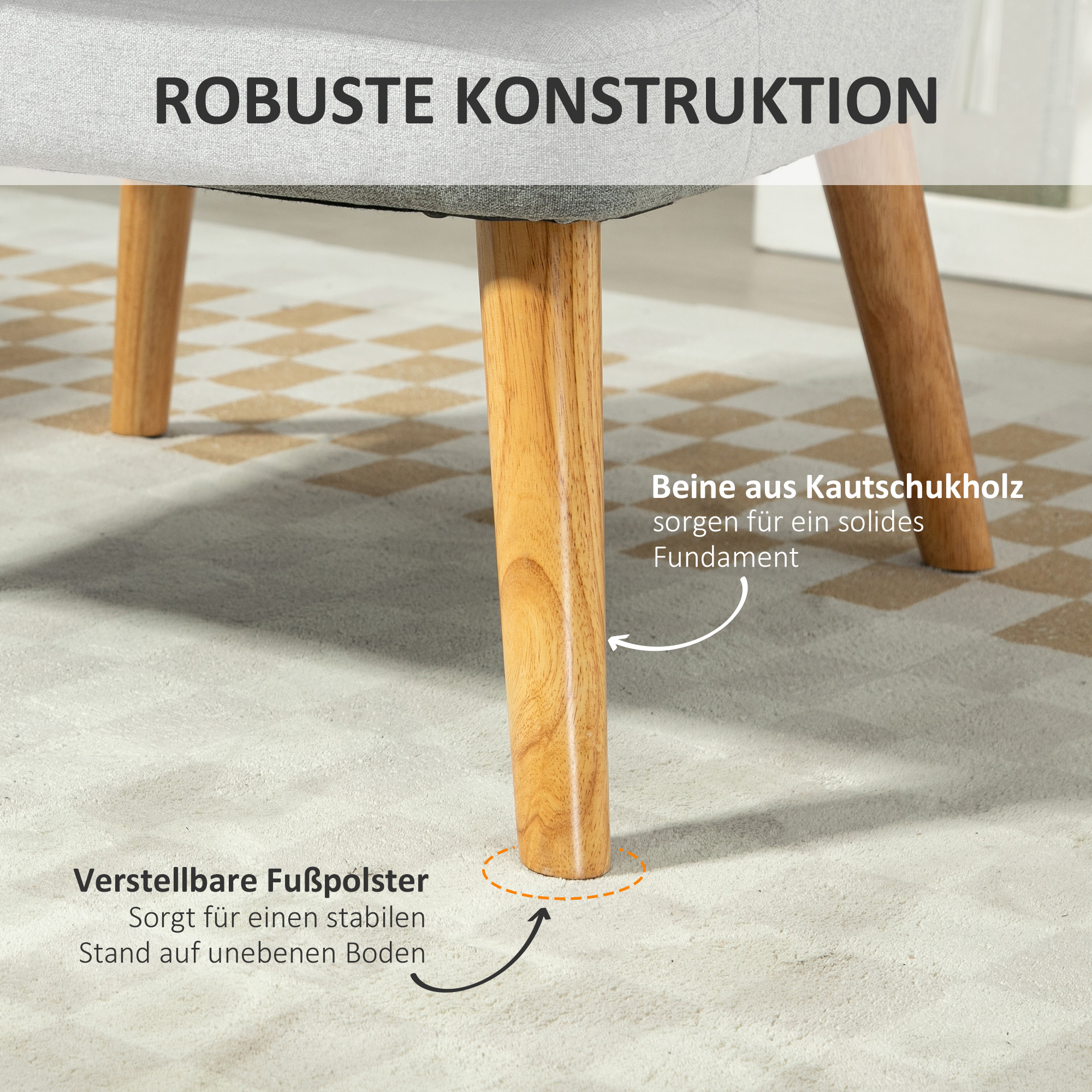 Holzstuhlbeine auf gemustertem Teppich, mit verstellbaren Fußpolstern für Stabilität.