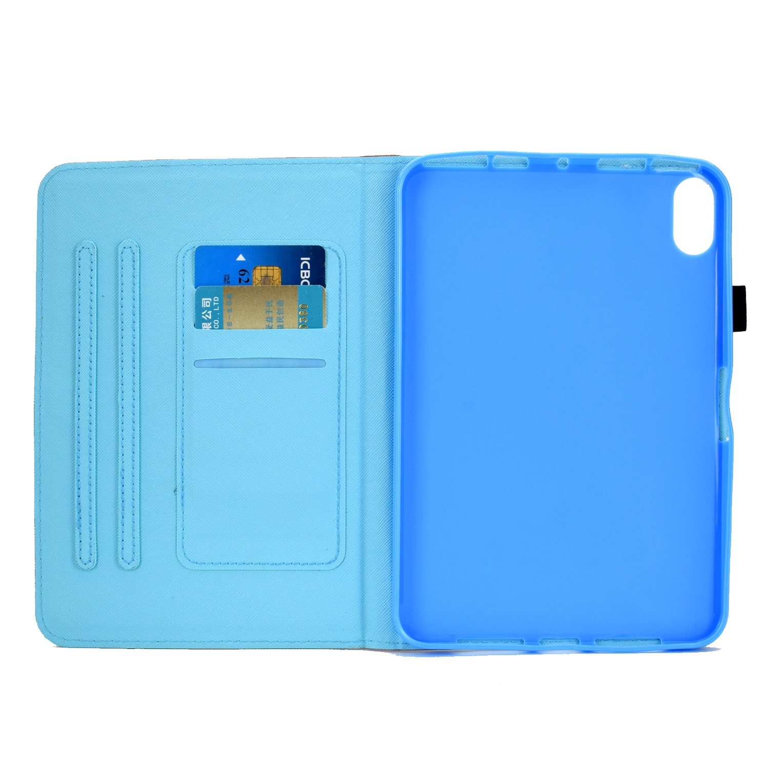 Funda azul abierta para tableta con tarjeta de crédito. Una tableta azul dentro. Cubierta azul claro.