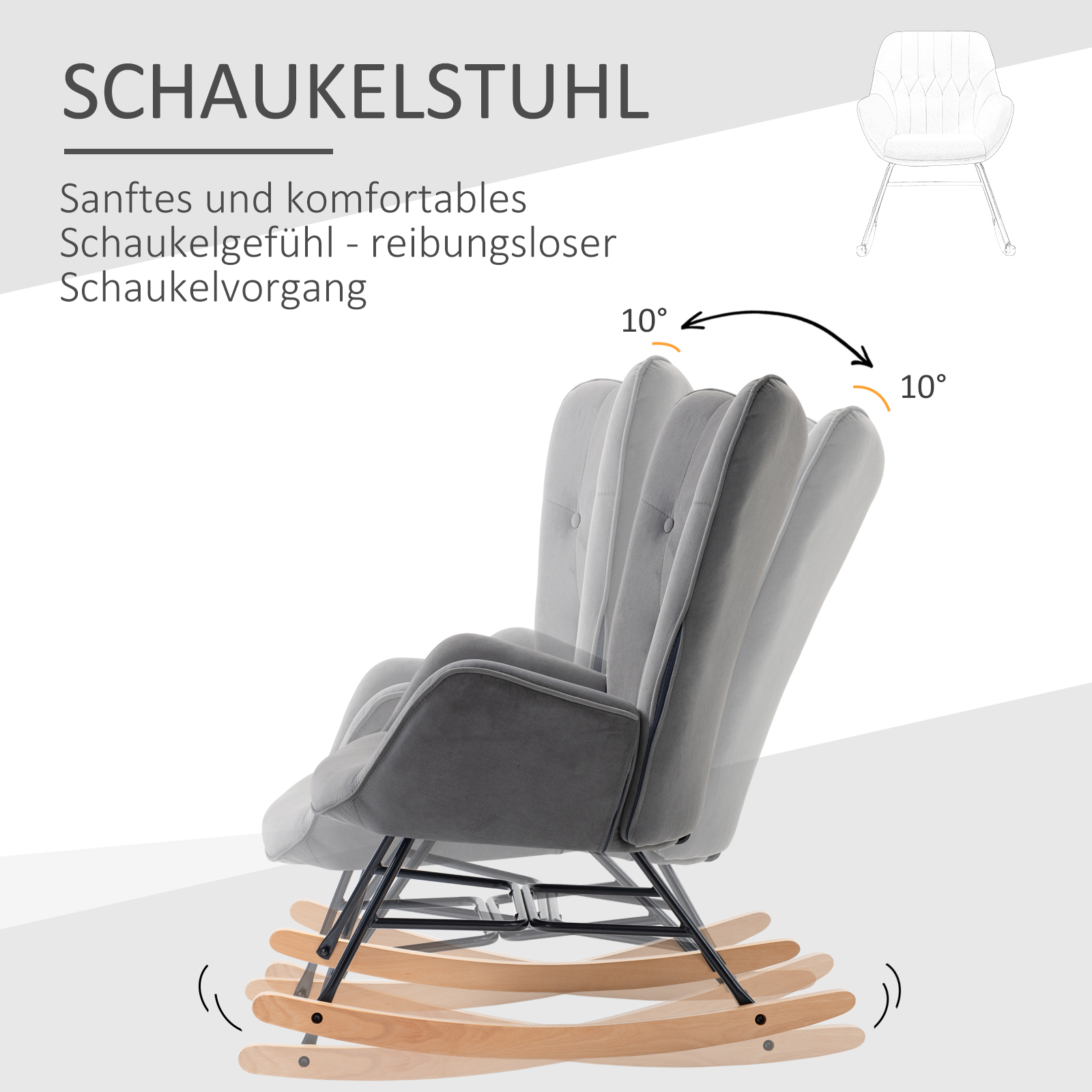 Ein grauer Schaukelstuhl in Bewegung, mit Pfeilen, die den Schaukelwinkel anzeigen.