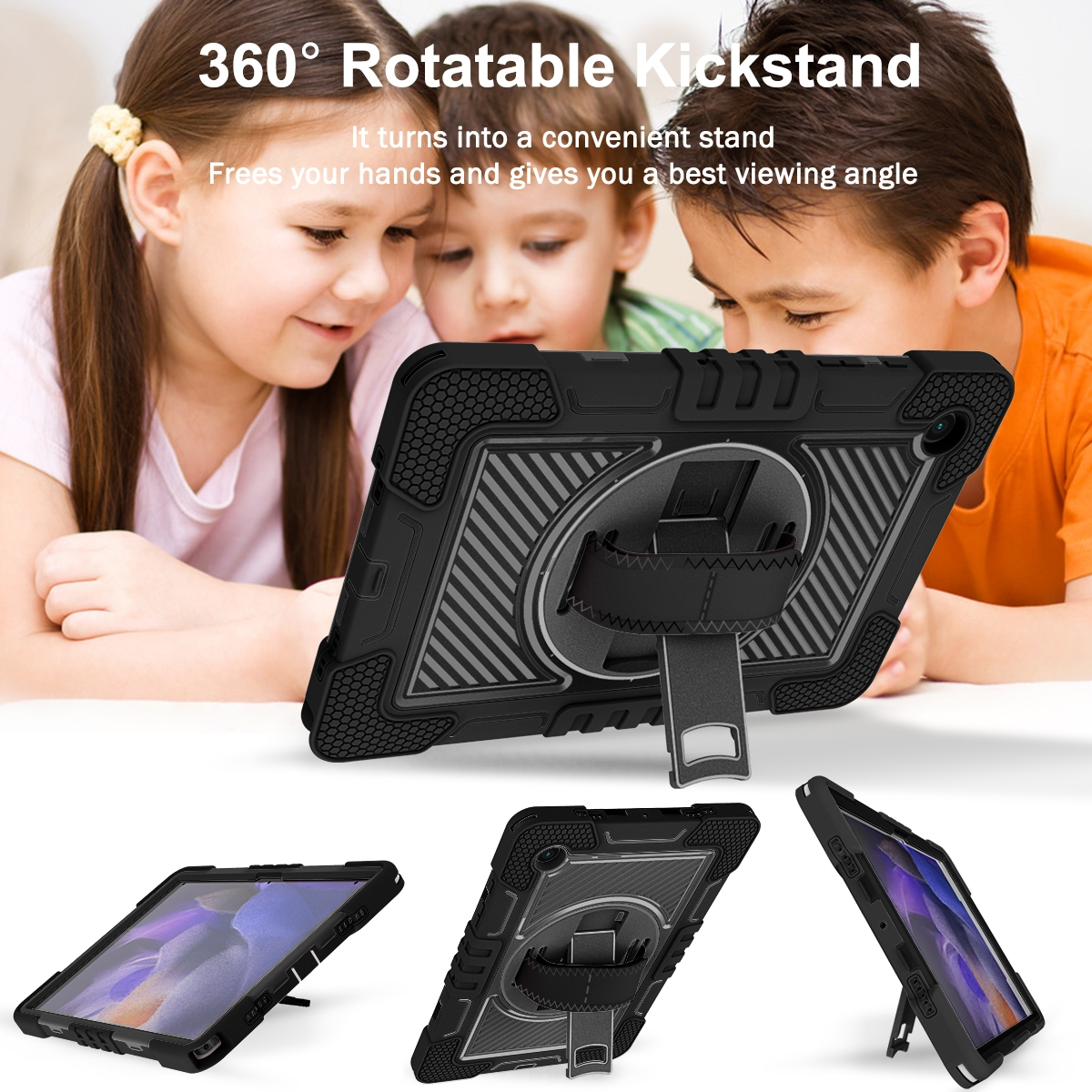 Schwarze Tablethülle mit Ständer. Kinder schauen im Hintergrund auf das Tablet.
