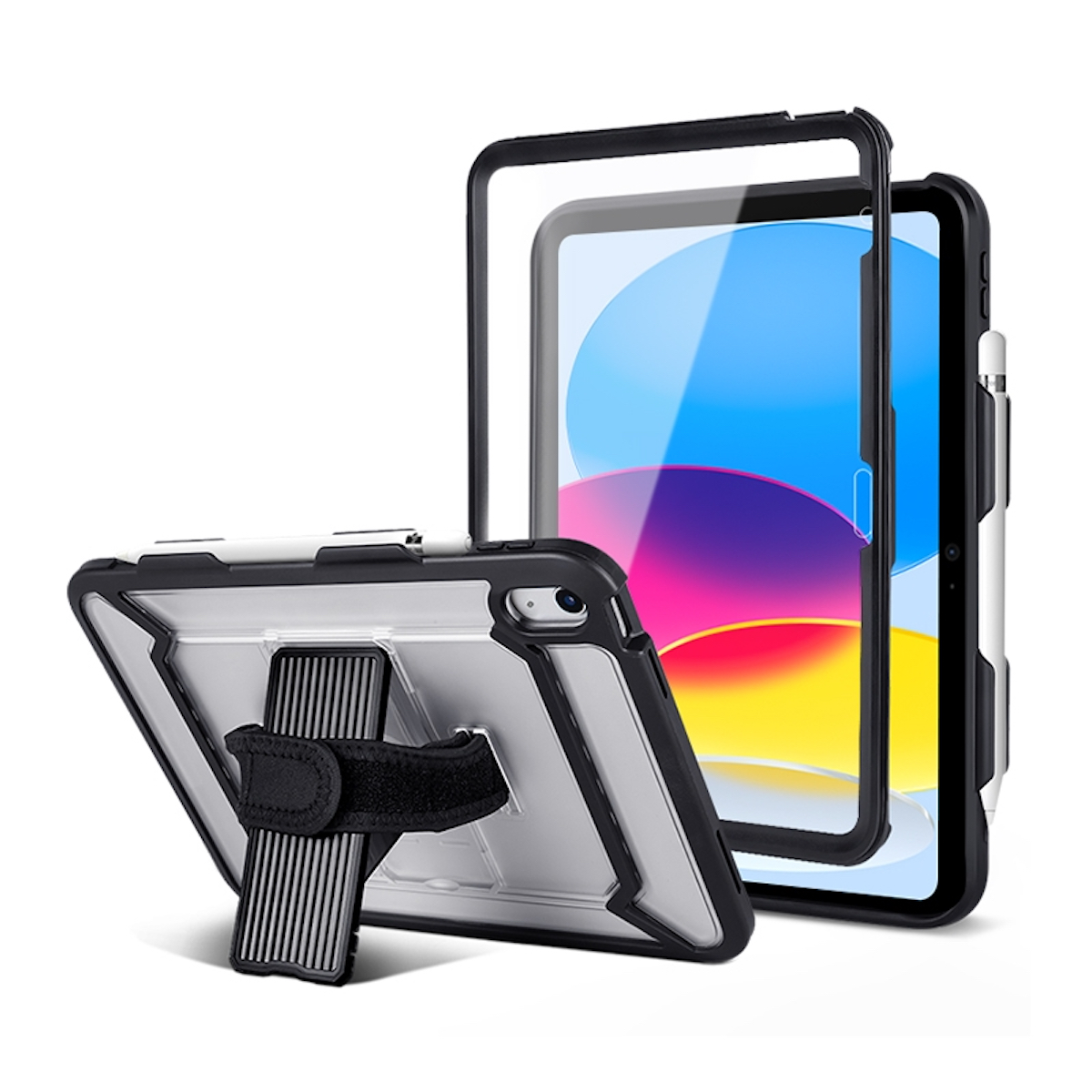 Tablethülle mit klarer Bildschirmschutzhülle und einem schwarzen Riemen. Das Tablet ist im Gehäuse sichtbar, mit einem Stift.