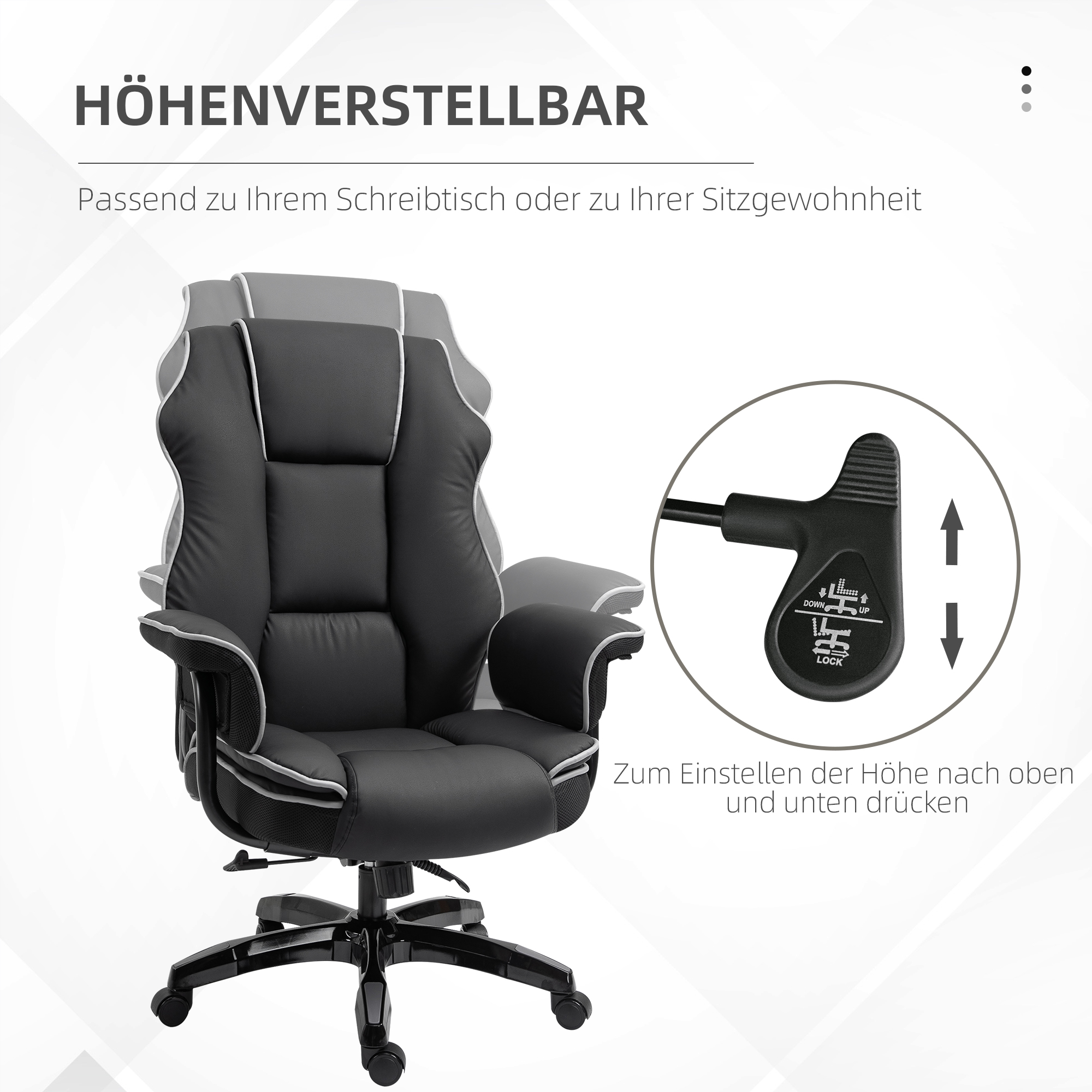 Schwarzer Bürostuhl mit höhenverstellbarer Funktion. Nahaufnahme zeigt den Höhenverstellhebel.