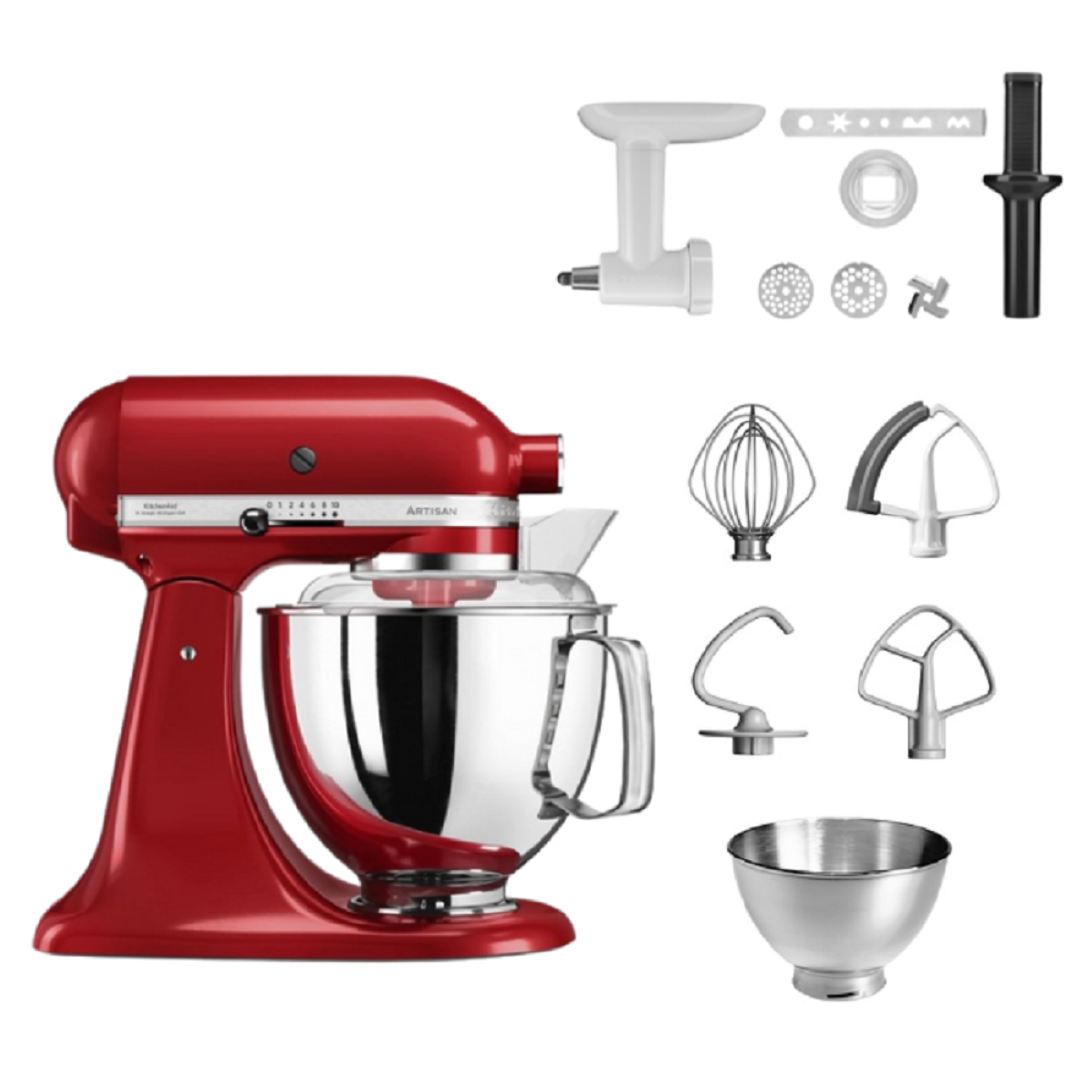 Roter KitchenAid-Mixer mit Aufsätzen. Enthält einen Mahlaufsatz und mehrere Mixwerkzeuge.