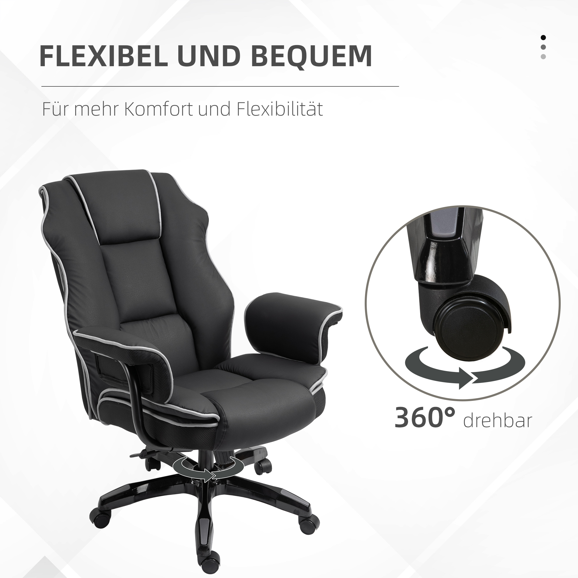 Schwarzer Bürostuhl mit grauen Akzenten. Der Stuhl wird mit einem um 360 Grad drehbaren Rad gezeigt.