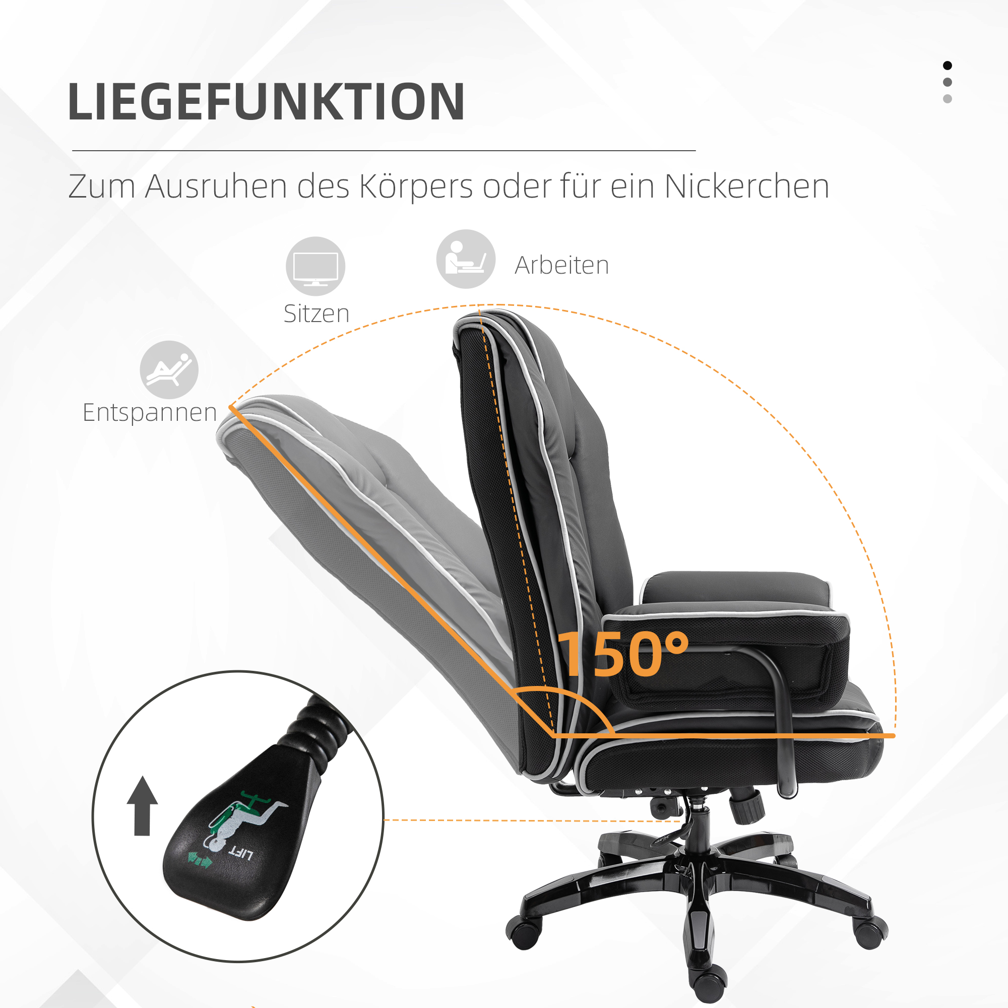 Schwarzer Bürostuhl zurückgelehnt. Merkmale und Grad des Neigungswinkels gezeigt.