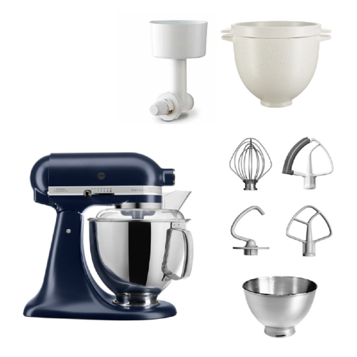 Blauer Küchenmixer mit Aufsätzen und Schüsseln, weißer Hintergrund. Verschiedene Aufsätze sind abgebildet.