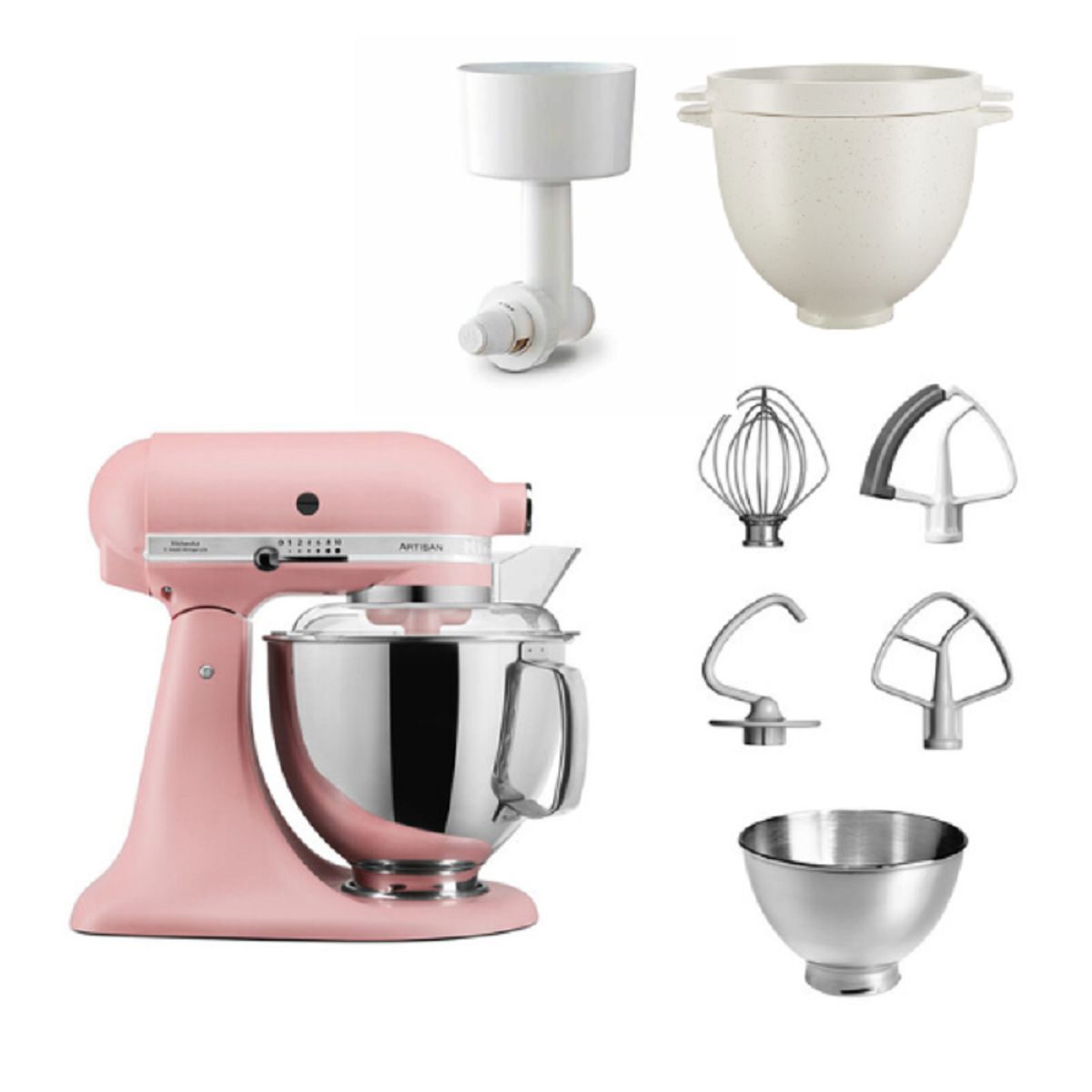 Rosa Küchenmixer mit Aufsätzen, darunter eine Schüssel und Schneebesen.