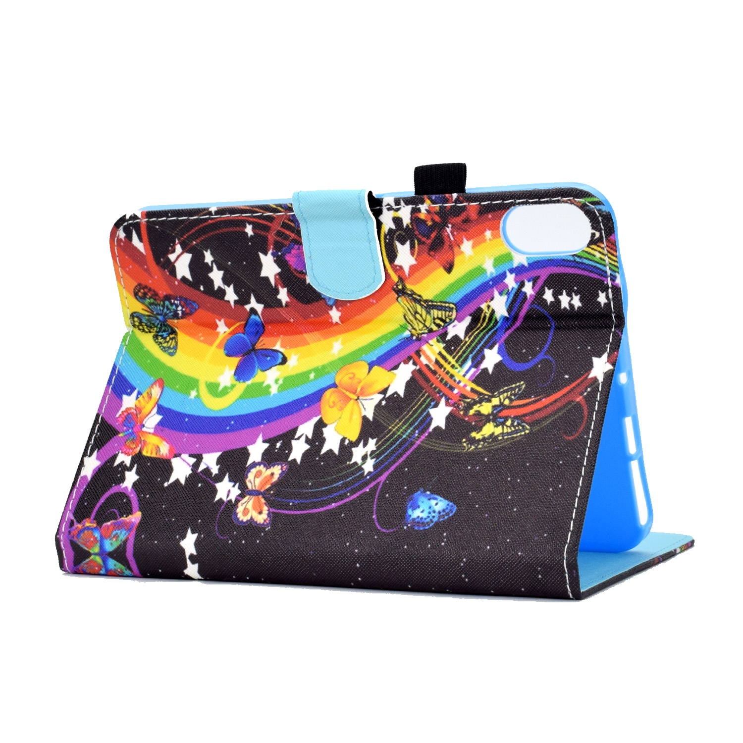 Funda para tableta con mariposas, arcoíris y estrellas, sobre un fondo negro, con una solapa azul.