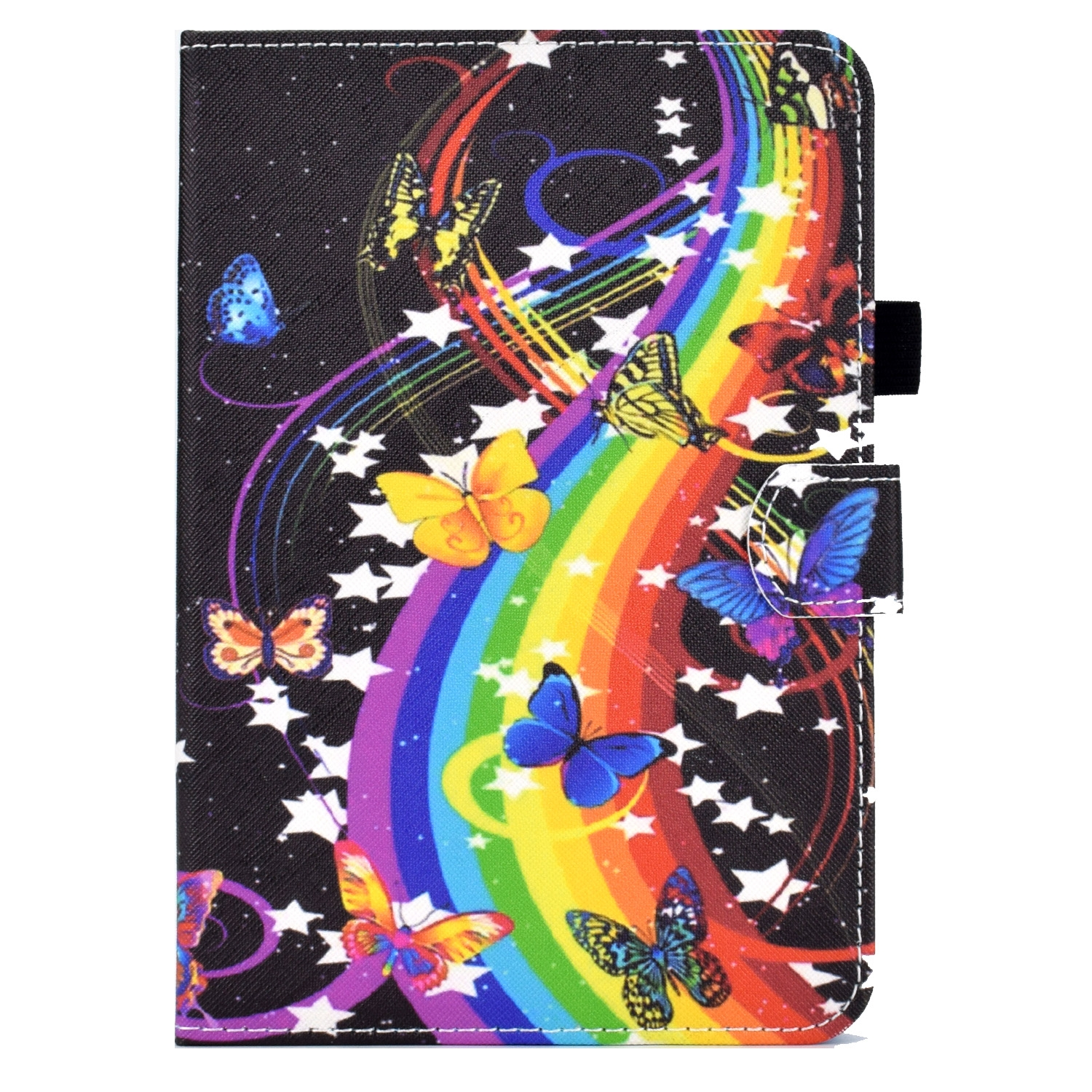 Una funda para tableta con un diseño colorido de mariposas, un arcoíris y estrellas sobre fondo negro.