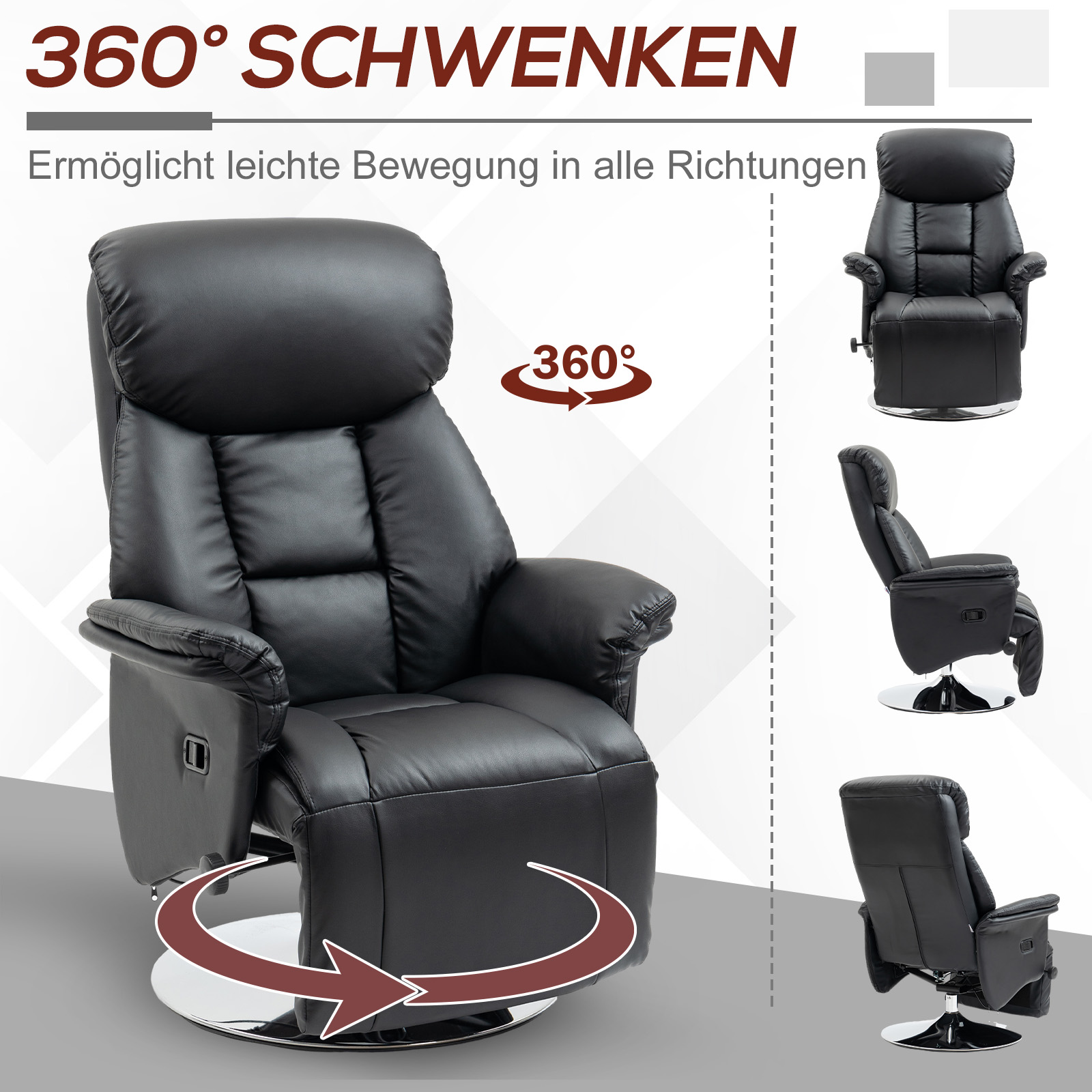 Schwarzer Ledersessel mit silbernem Sockel. Zeigt 360° Drehung. Verschiedene Ansichten des Stuhls werden gezeigt.