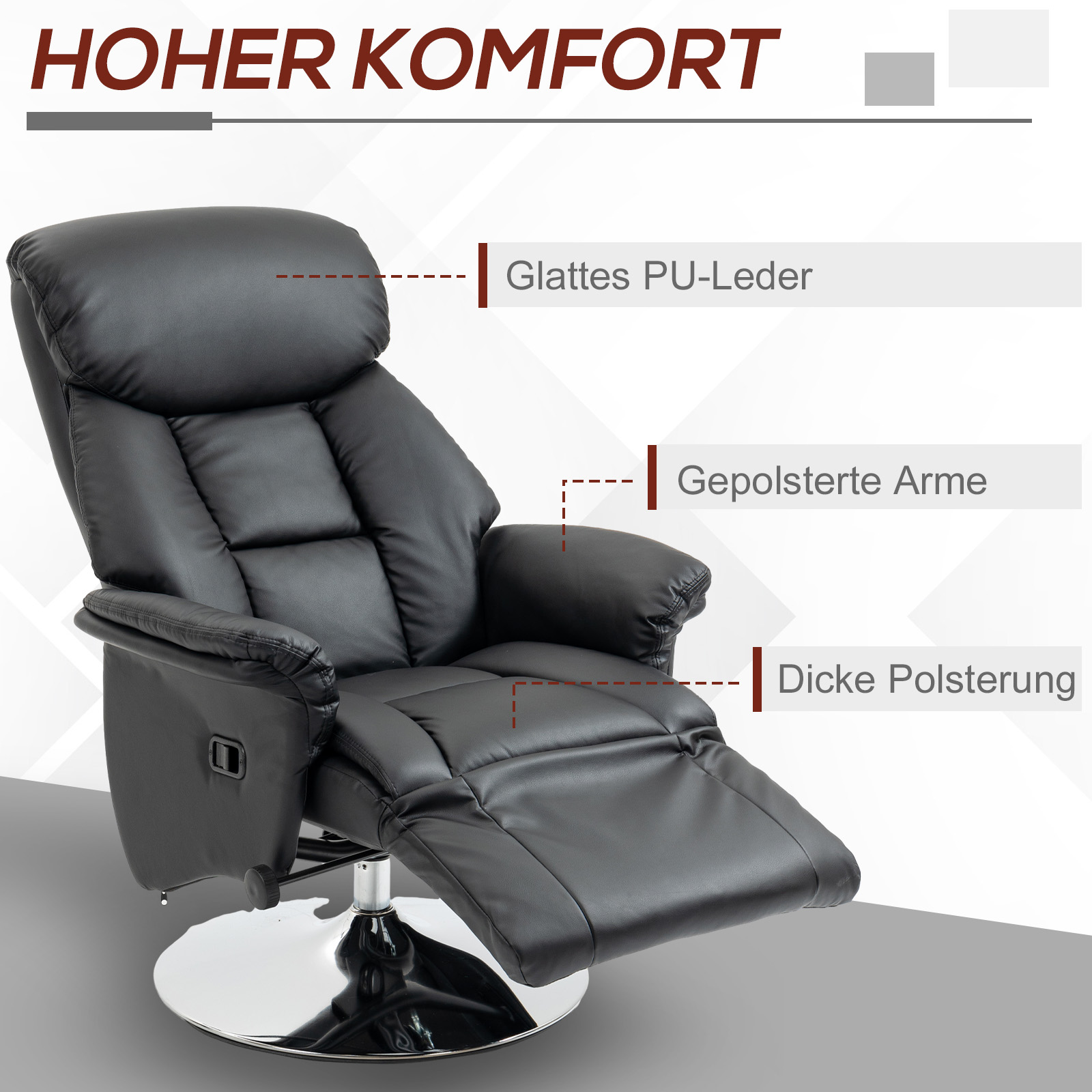Schwarzer Relaxsessel mit silbernem Fuß. Etiketten zeigen glattes PU-Leder, gepolsterte Arme und dicke Polsterung.