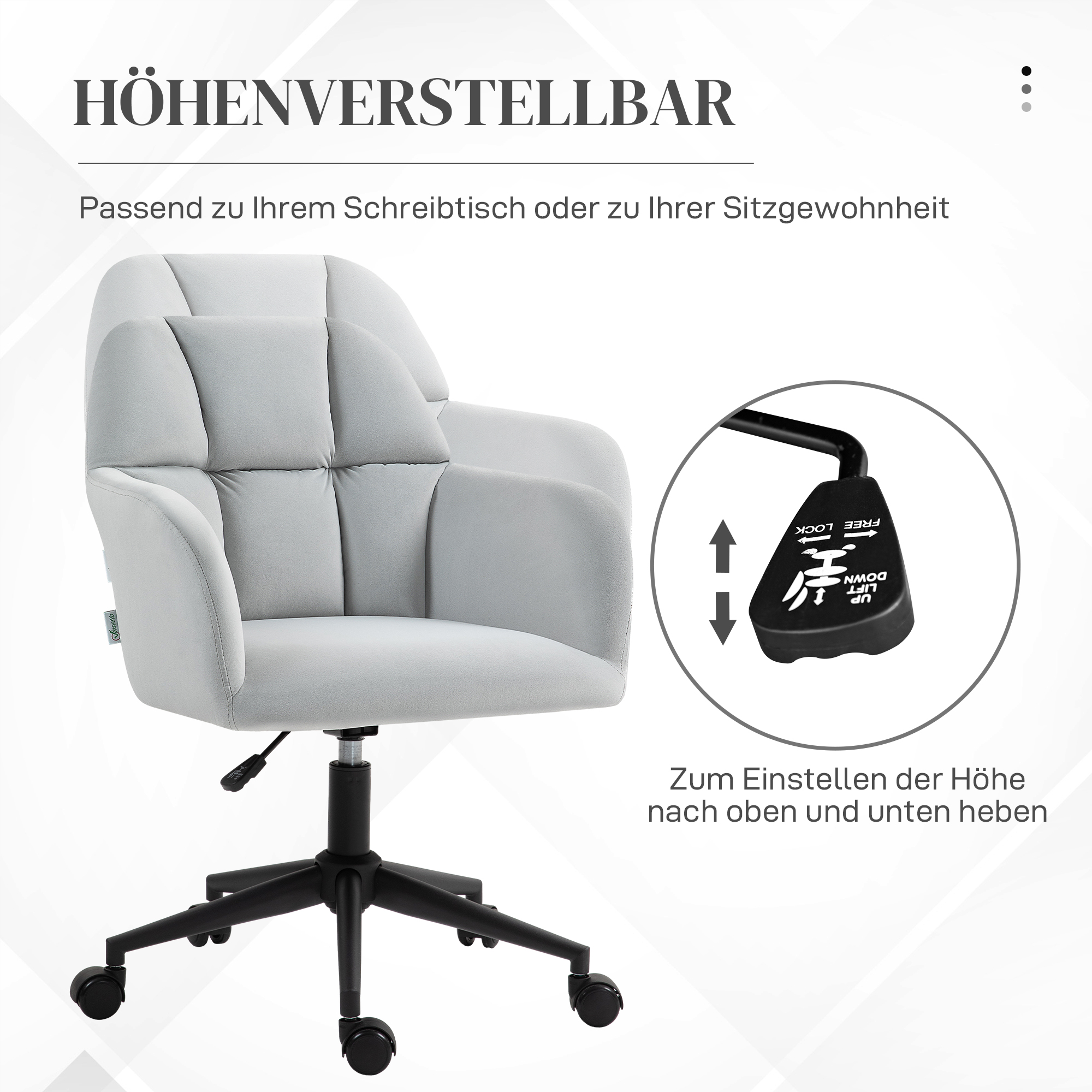 Grauer Bürostuhl auf Rollen. Höhenverstellbare Steuerung. Text lautet "Höhenverstellbar".