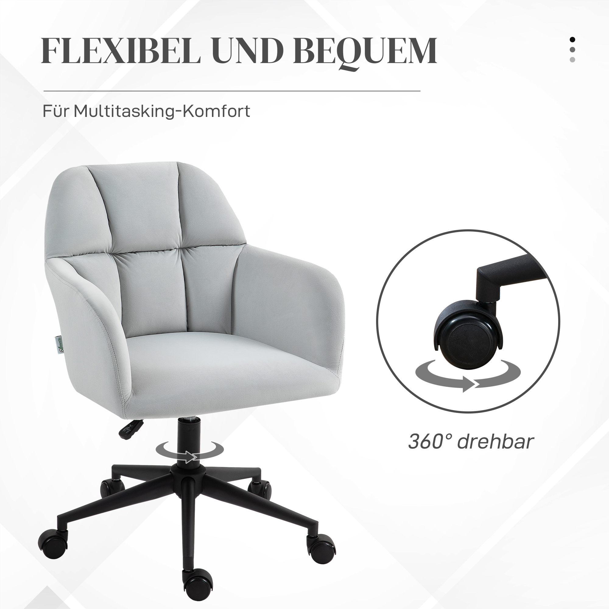 Grauer Bürostuhl, 360° drehbar, mit schwarzem Gestell und Rollen, fördert flexible und komfortable Nutzung.