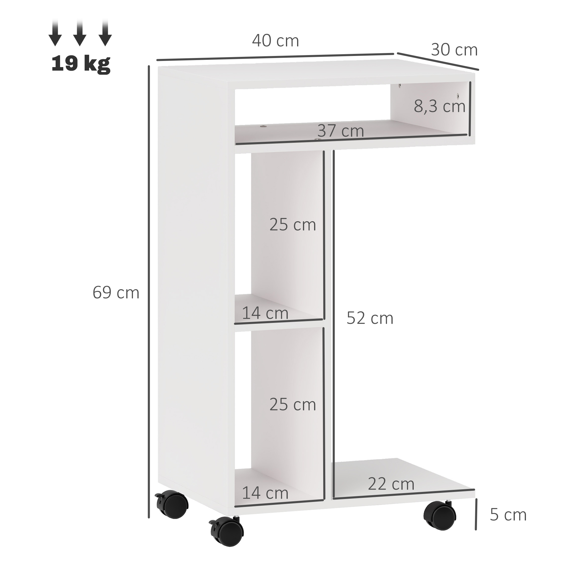 Weißer Schrank mit Rollen. Abmessungen sind angegeben. Offene Regale und ein oberes Regal.