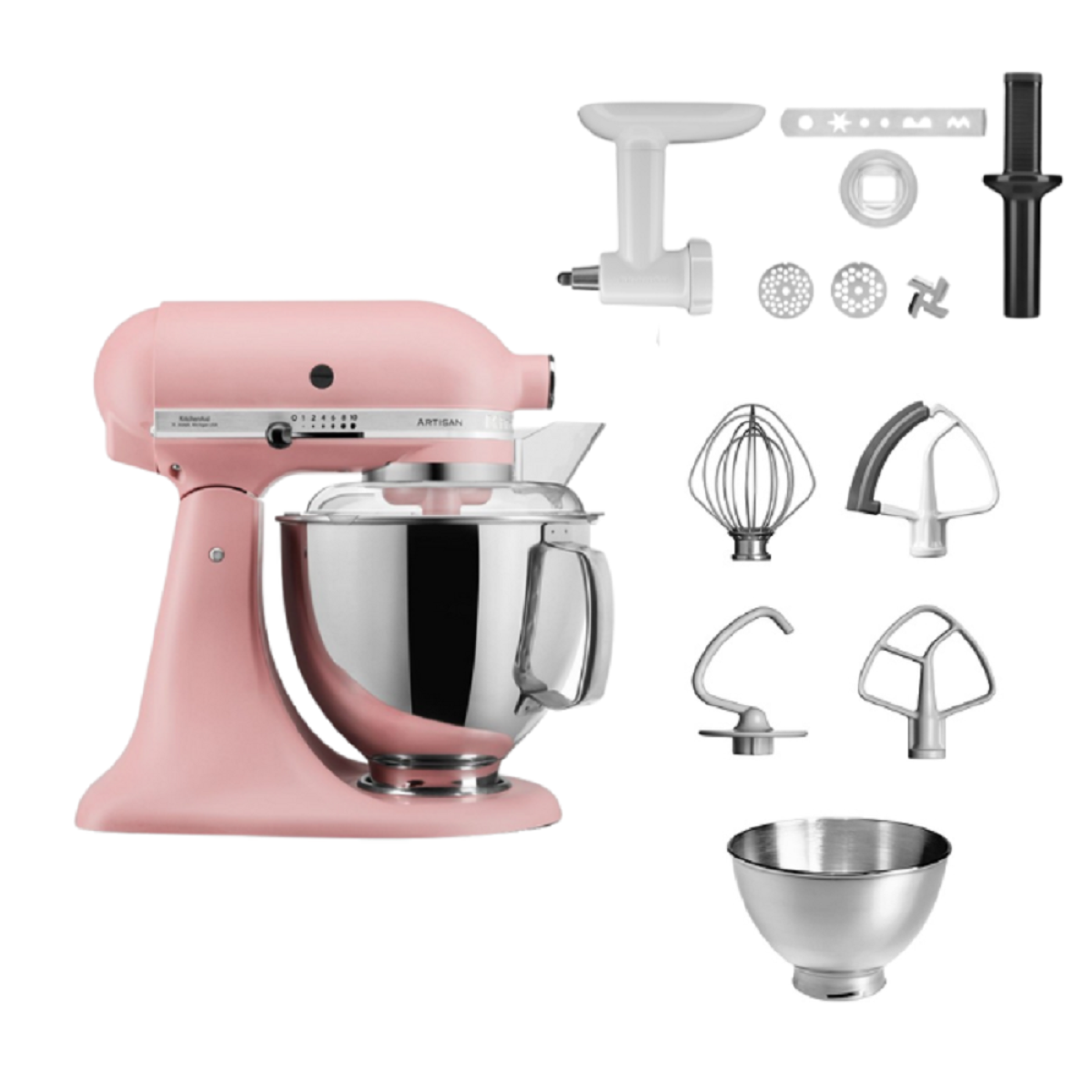 Rosa KitchenAid-Mixer mit Aufsätzen: Mahlwerk, Schneebesen, Schläger und Schüssel.