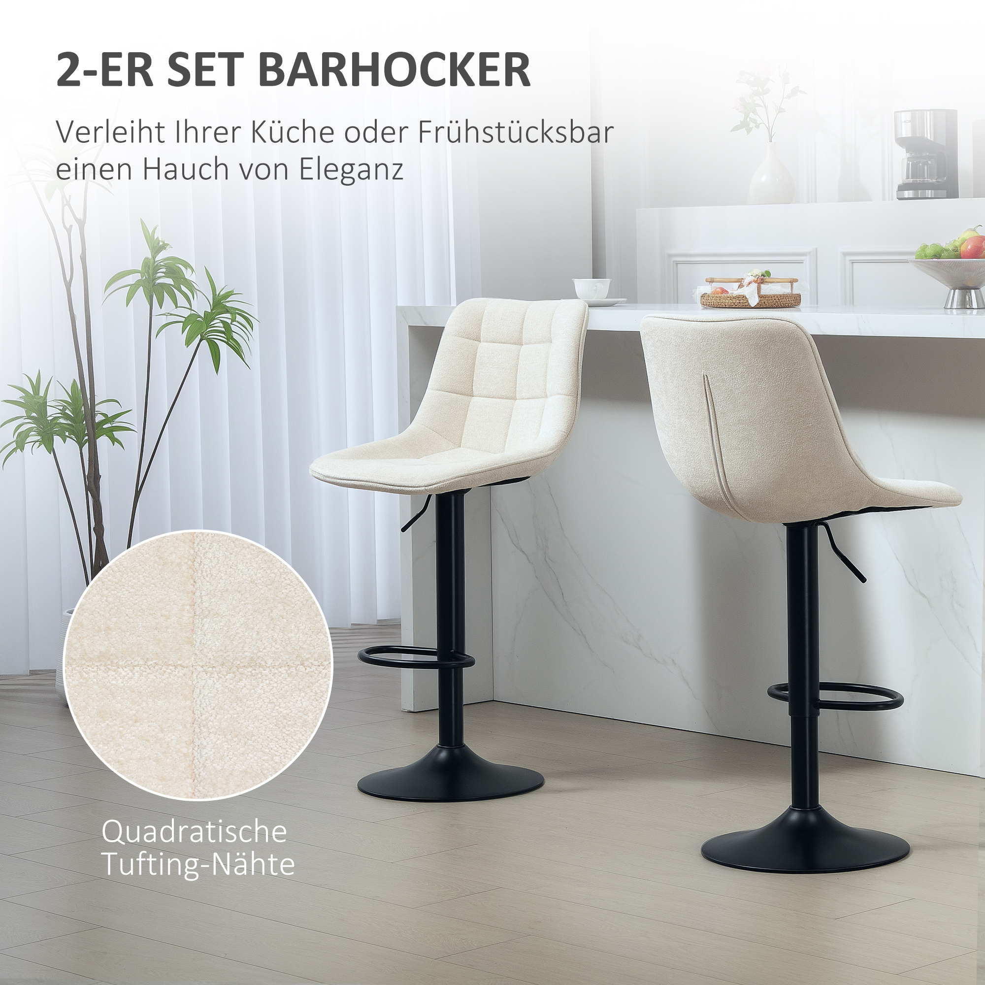 Zwei cremefarbene Barhocker mit schwarzen Basen in einer Küche. Eine Detailaufnahme zeigt die Steppung.