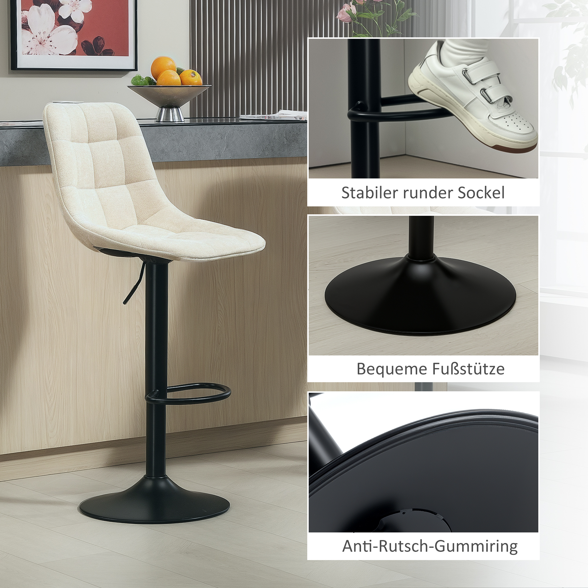Ein Barhocker mit beigem Sitz, schwarzem Fuß und Fußstütze. Details zeigen Fuß und Fußstütze.